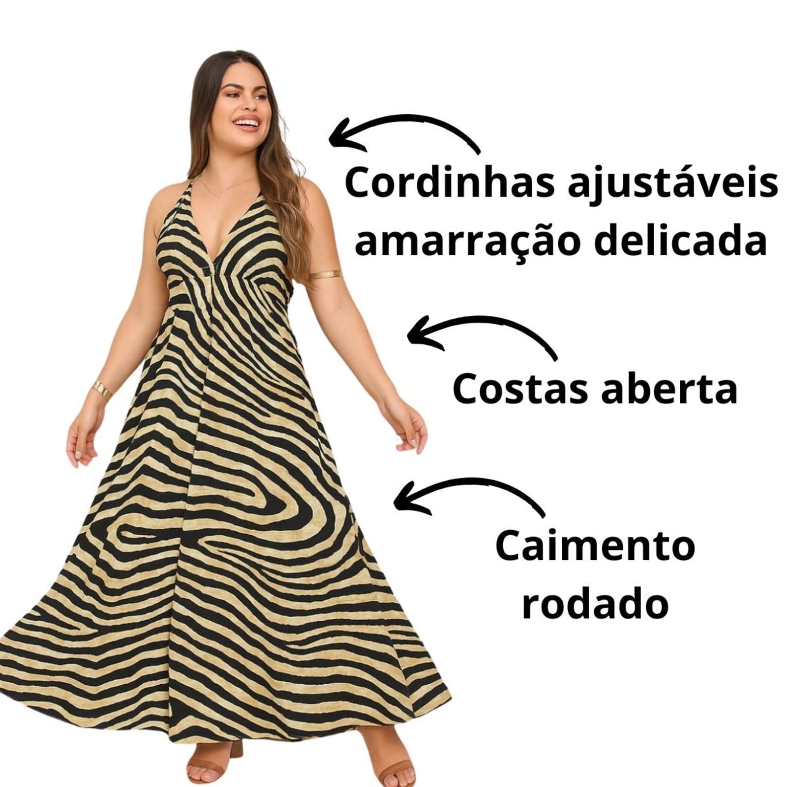 Vista 2 Vestido Longo Estilo Indiano Vih Triny Lenço Decote e Costas Aberta Vih Triny bege