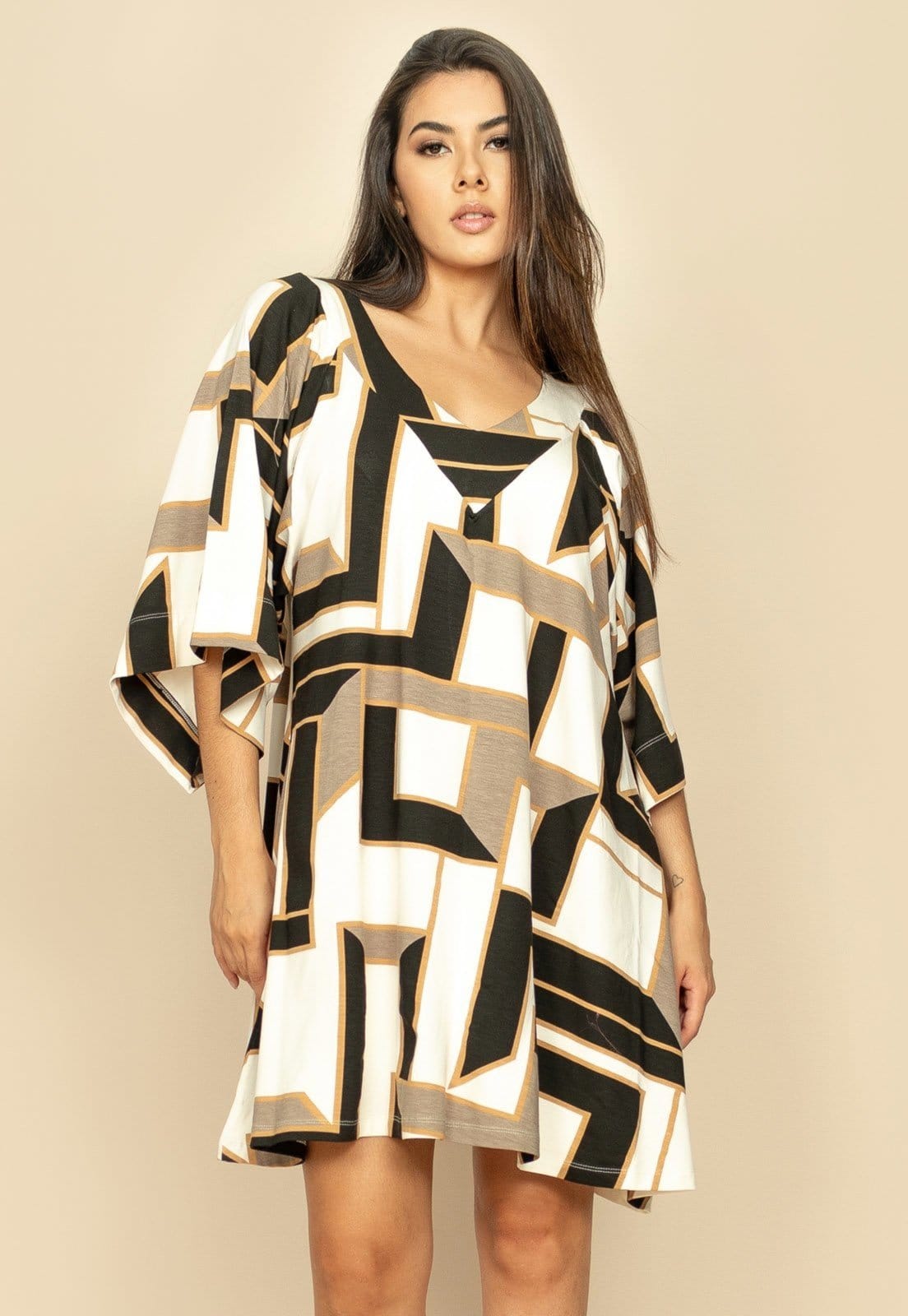 Vista principal Vestido Curto Amplo Malha Estampa Igaci Amazonia Vital branco/estampado/multicolorido