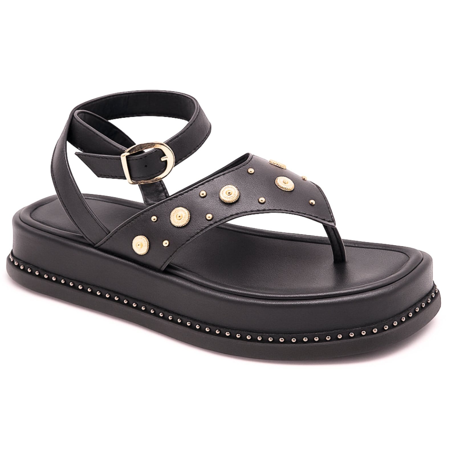 Vista principal Sandália Feminina Flatform Papete Aplique Tachas Fashion Preta 23402 Flor da Pele preto