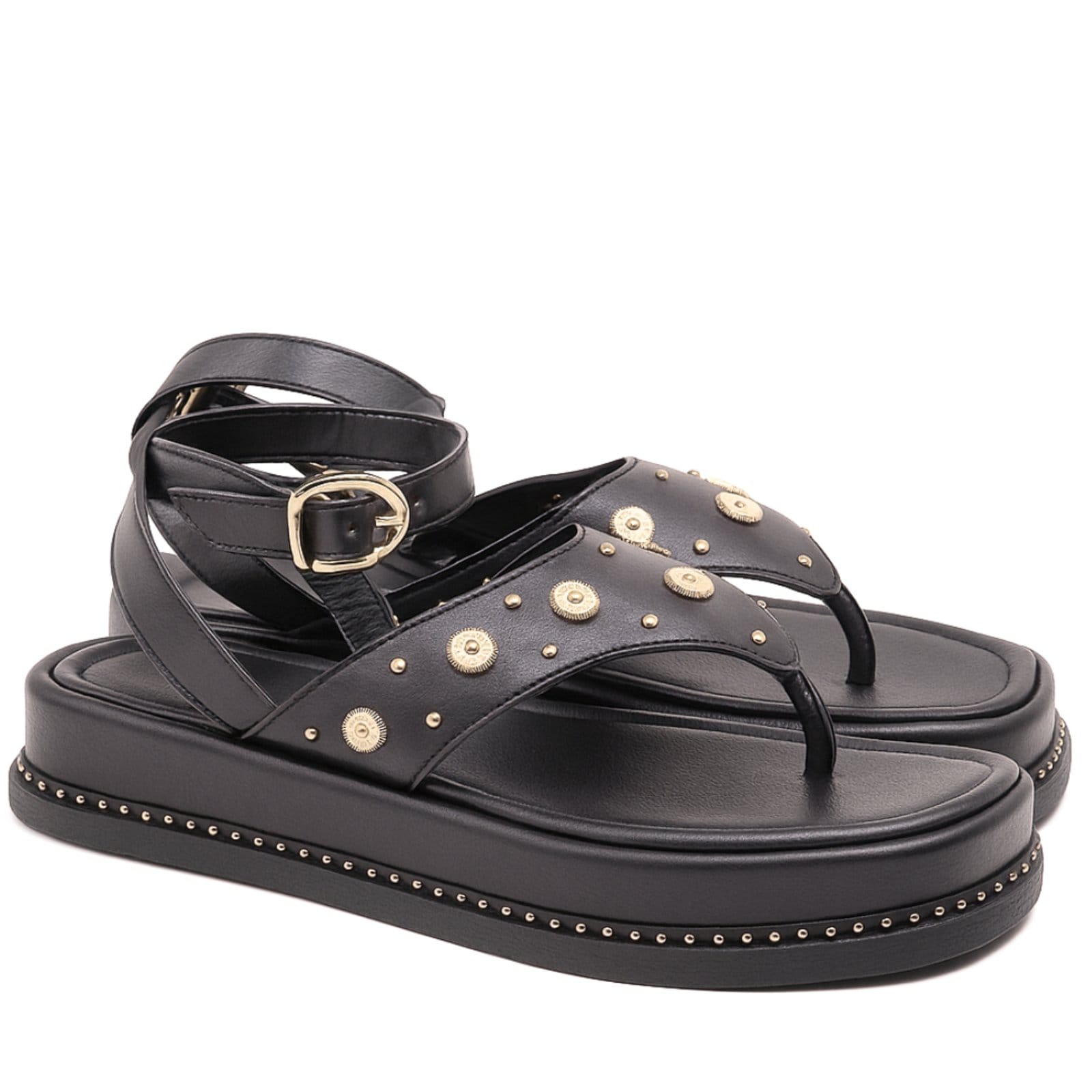 Vista 2 Sandália Feminina Flatform Papete Aplique Tachas Fashion Preta 23402 Flor da Pele preto