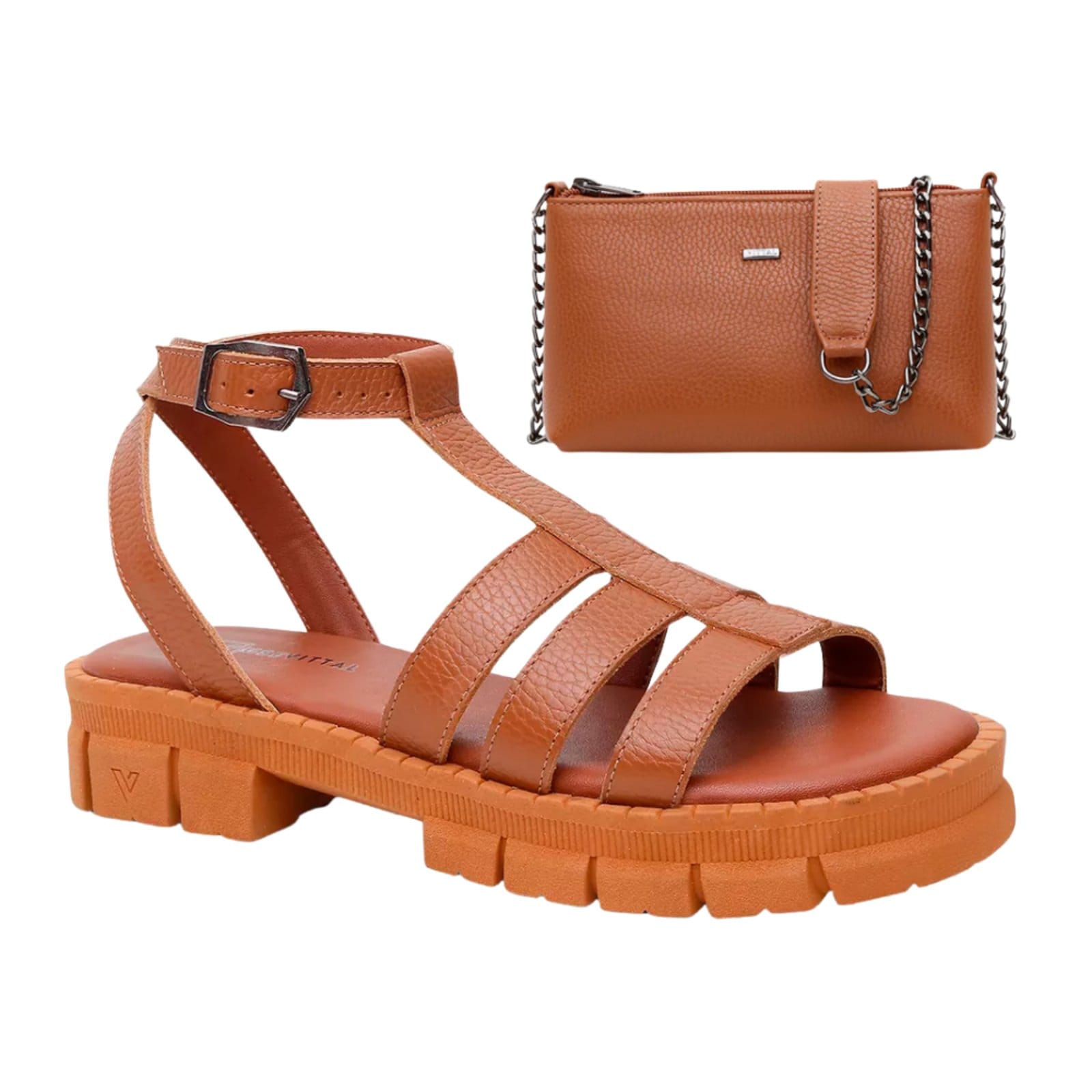 Kit Sandália e Bolsa Feminina Vittal Couro Legítimo