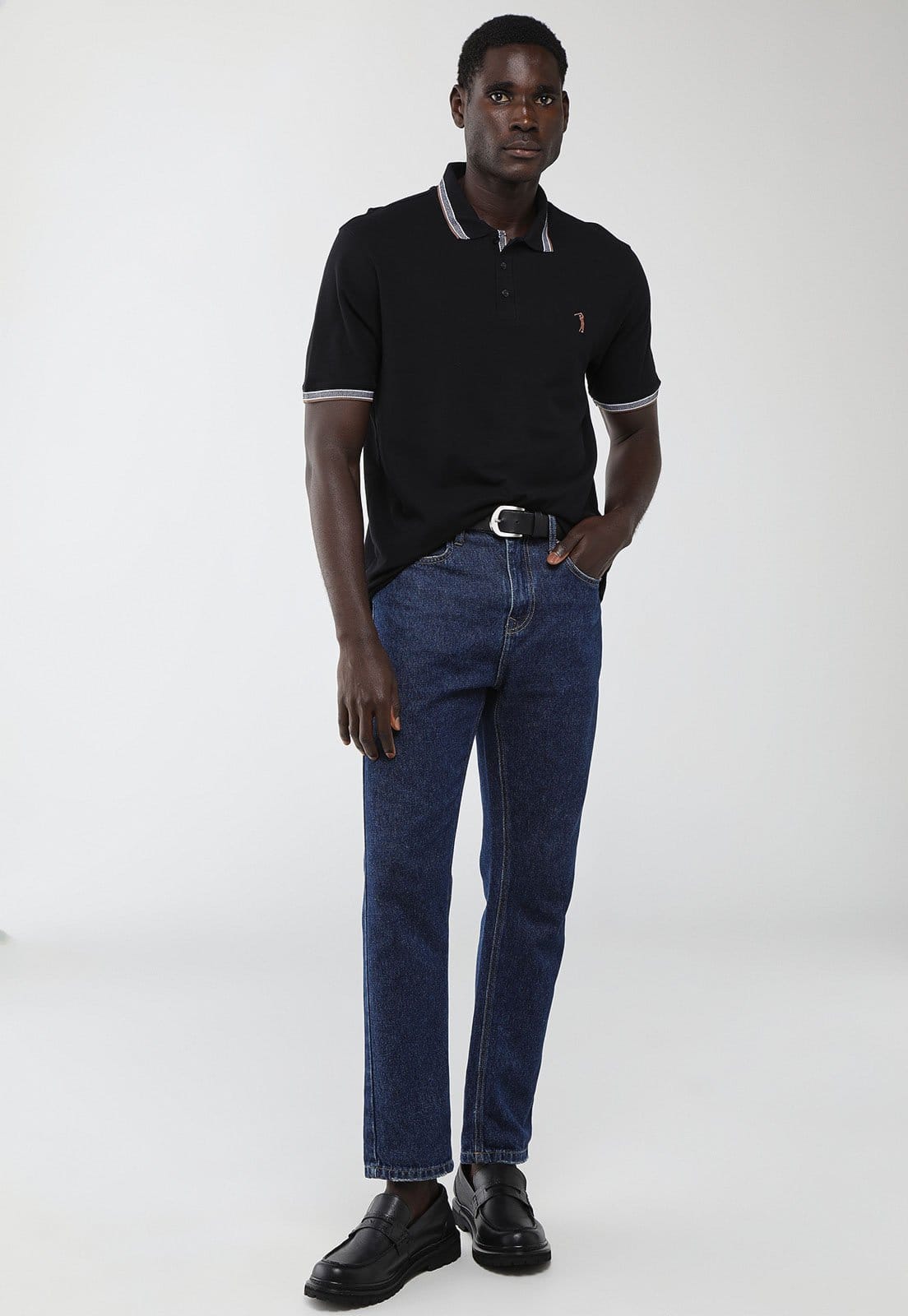 Vista 2 Polo Masculina Aleatory Gola Listrada Preta Aleatory preto