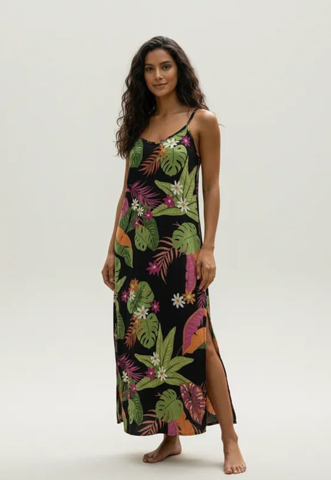 Vista principal Vestido Longo Cabanafree Caçuá Viscose Alça Fina Estampa Noite Botânica Cabanafree amarelo/estampado/laranja/verde