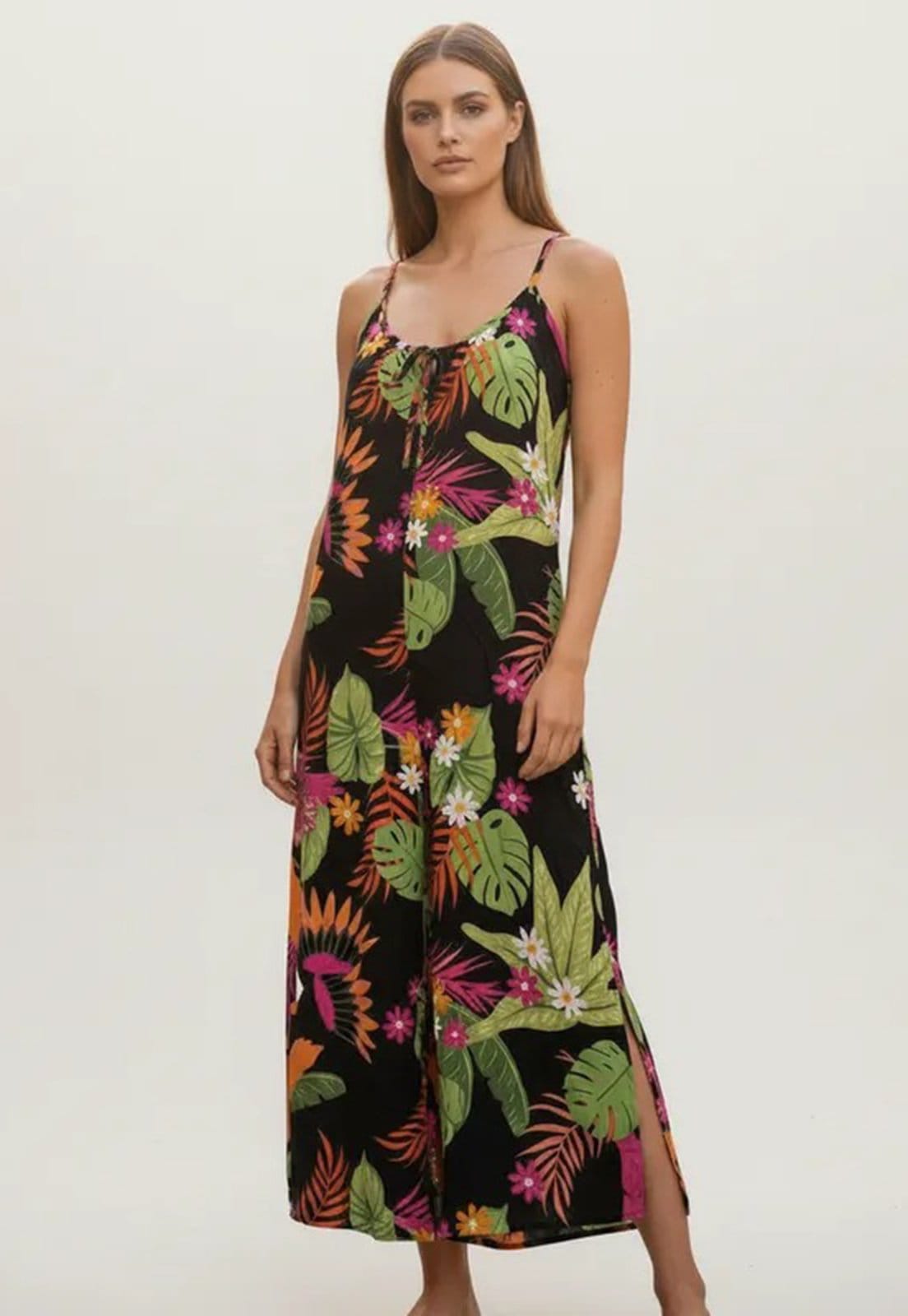 Vista 2 Vestido Longo Cabanafree Caçuá Viscose Alça Fina Estampa Noite Botânica Cabanafree amarelo/estampado/laranja/verde