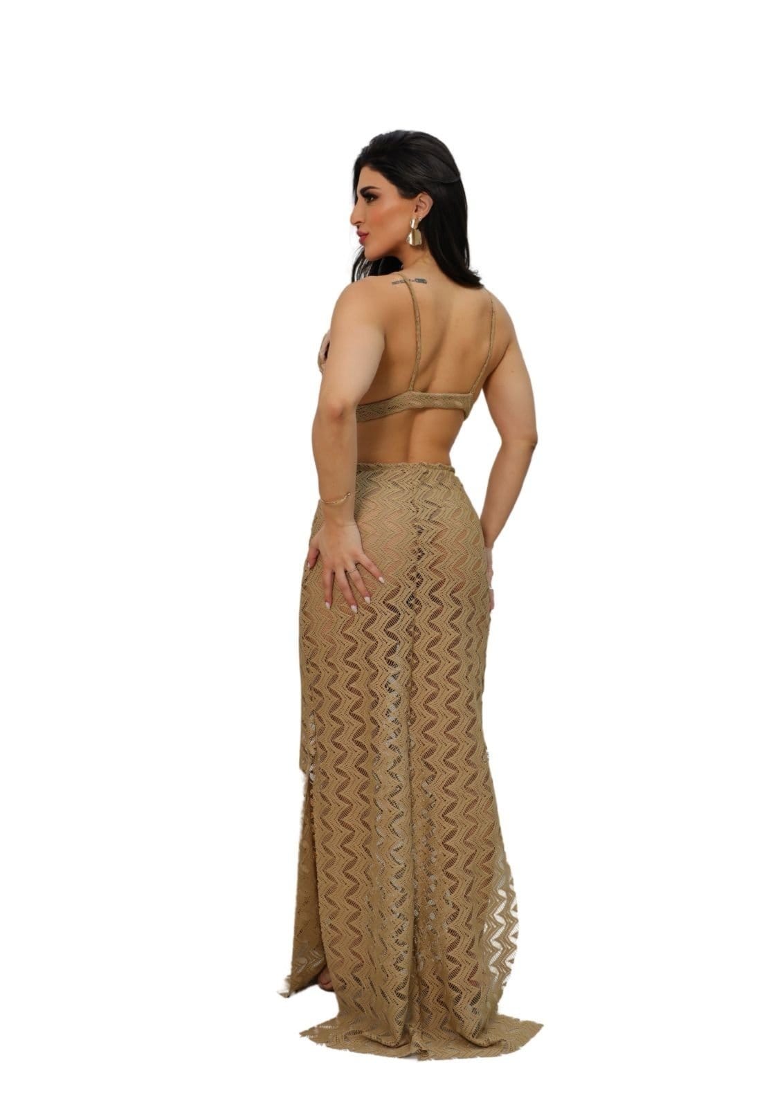 Vista 2 Conjunto Renda Saia Longa e Top Alcinha Com Hot Panties Sampaio Nude Cia do Vestido bege nude