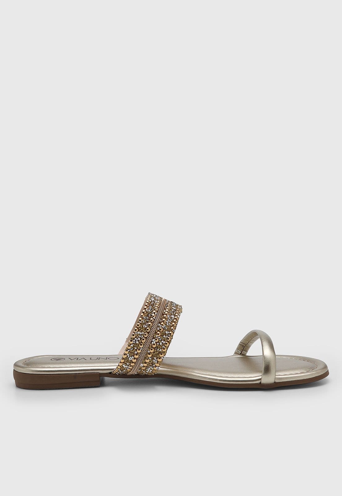 Vista 2 Rasteira Feminina VIA UNO Pedraria Metalizada Dourada VIA UNO dourado