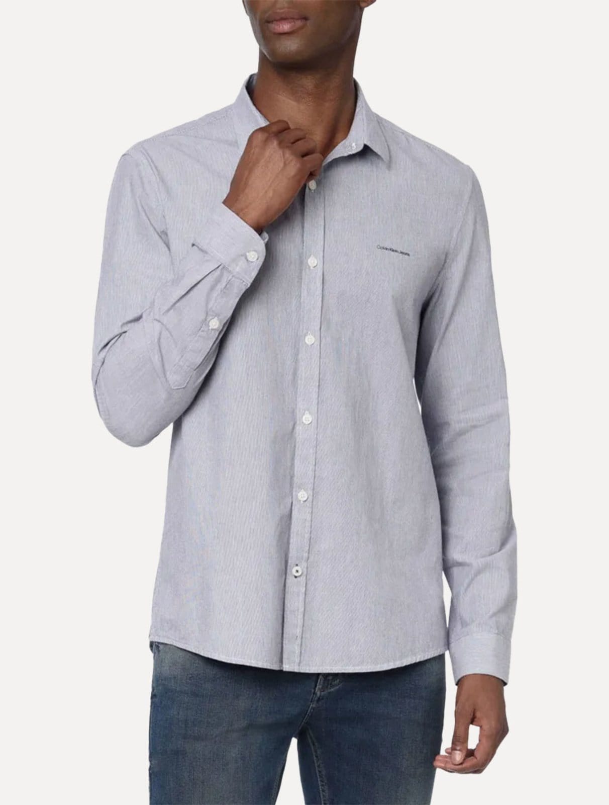 Camisa Calvin Klein Jeans Masculina Slim Listrada Silk Logo