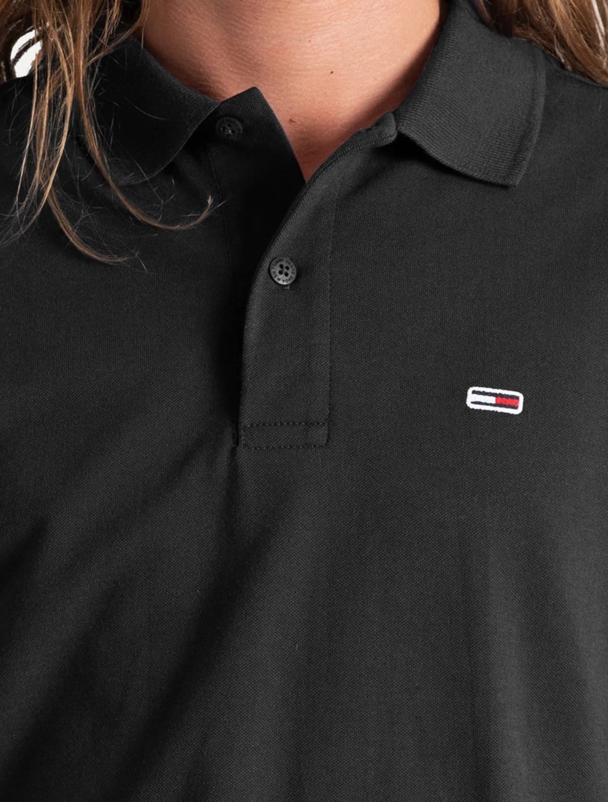 Vista 2 Polo Tommy Jeans Masculina Slim Piquet Flag Placket Preta Tommy Jeans preto