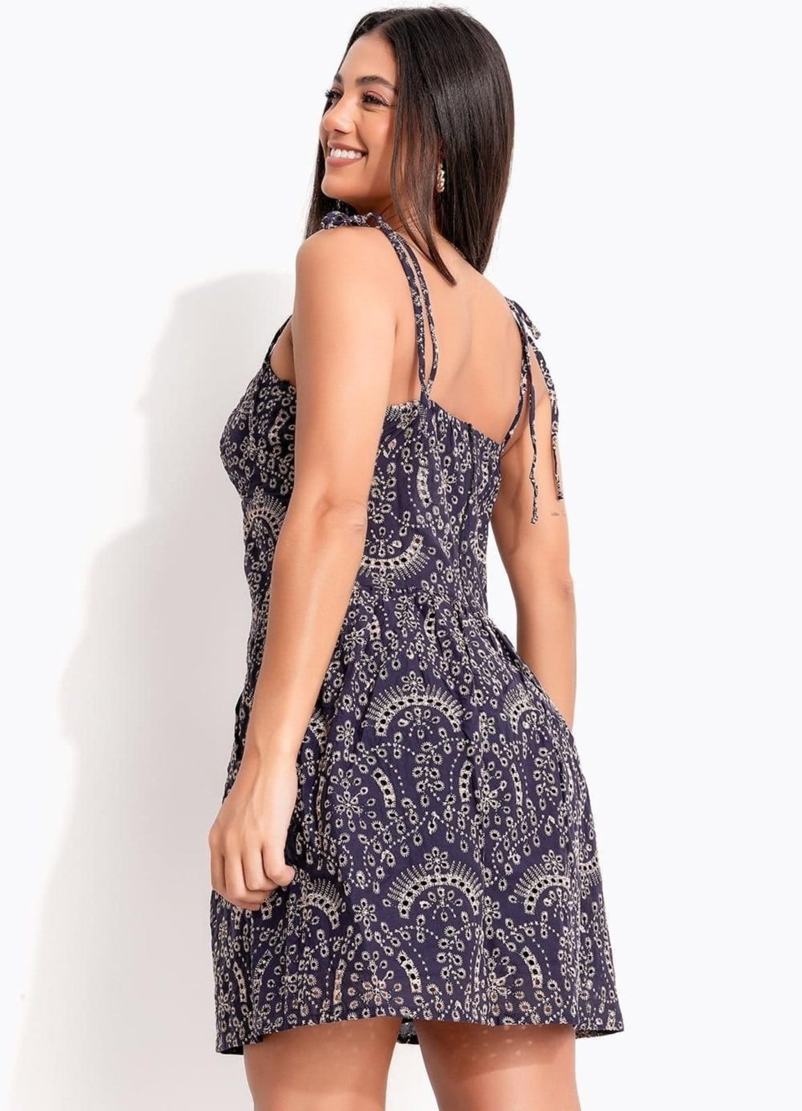 Vista 2 Vestido Em Algodão Com Poliéster Quintess Bordado Marinho Quintess azul