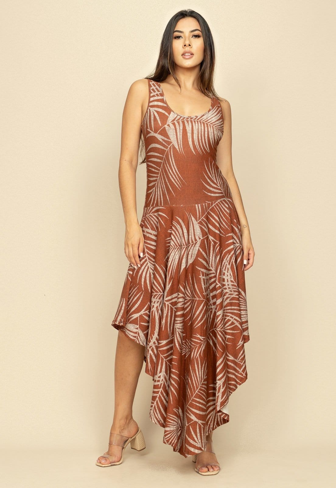 Vista principal Vestido Baitaca Malha de Bico Estampa Palmas Terra Cabanafree estampado/marrom