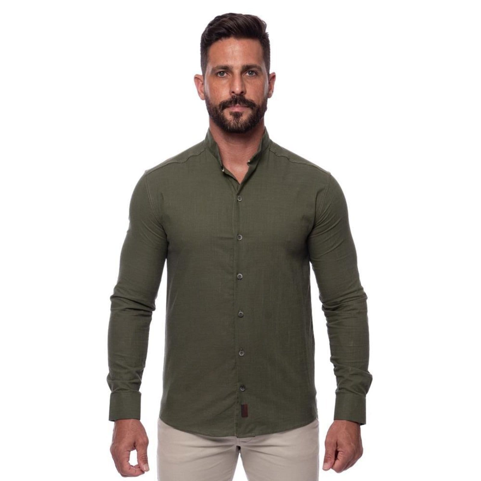 Camisa Masculina Linho Manga Longa Gola Padre Lisa Casual Azul Claro Verde