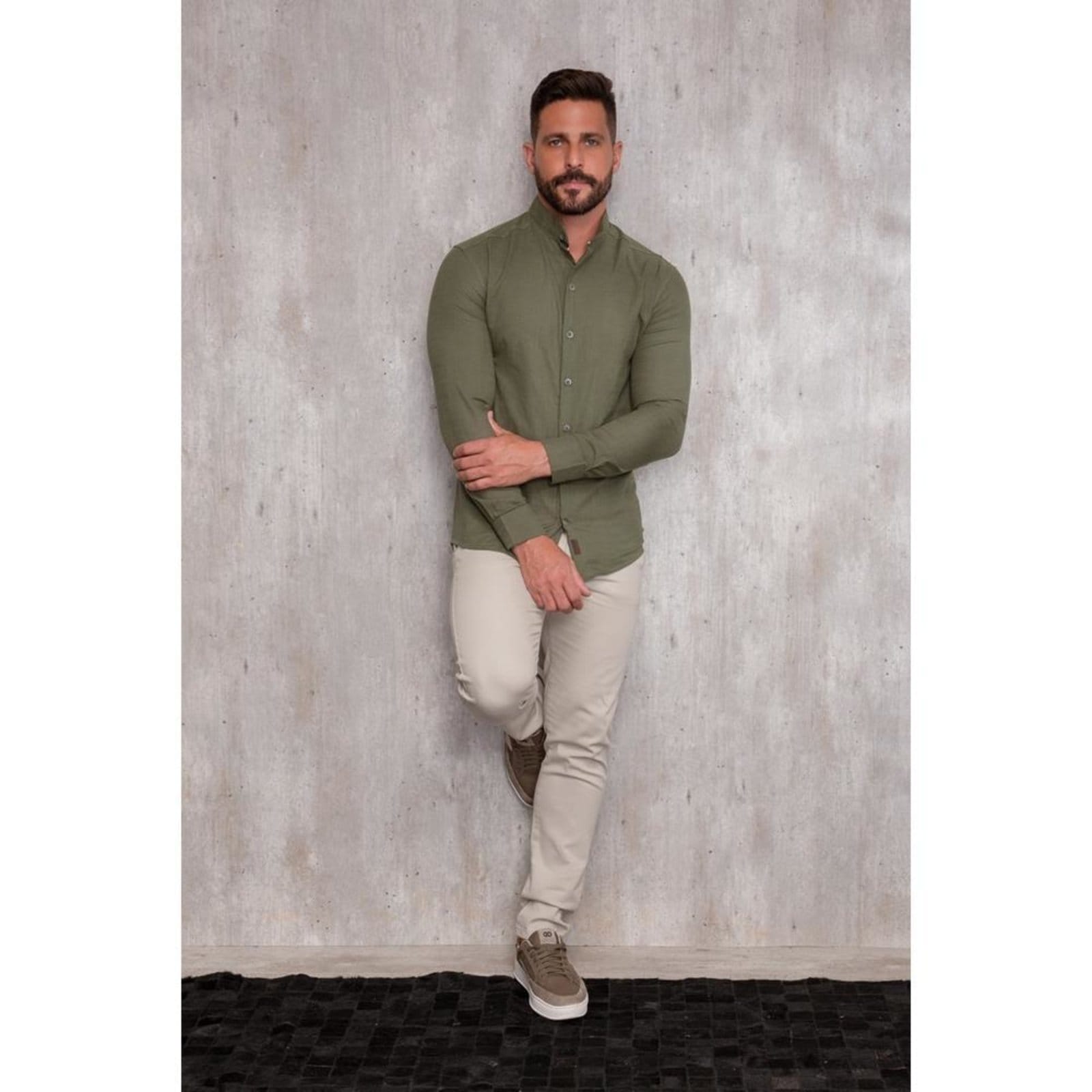 Vista 2 Camisa Masculina Linho Manga Longa Gola Padre Lisa Casual Azul Claro Verde TEODORO CAMISARIA verde azul