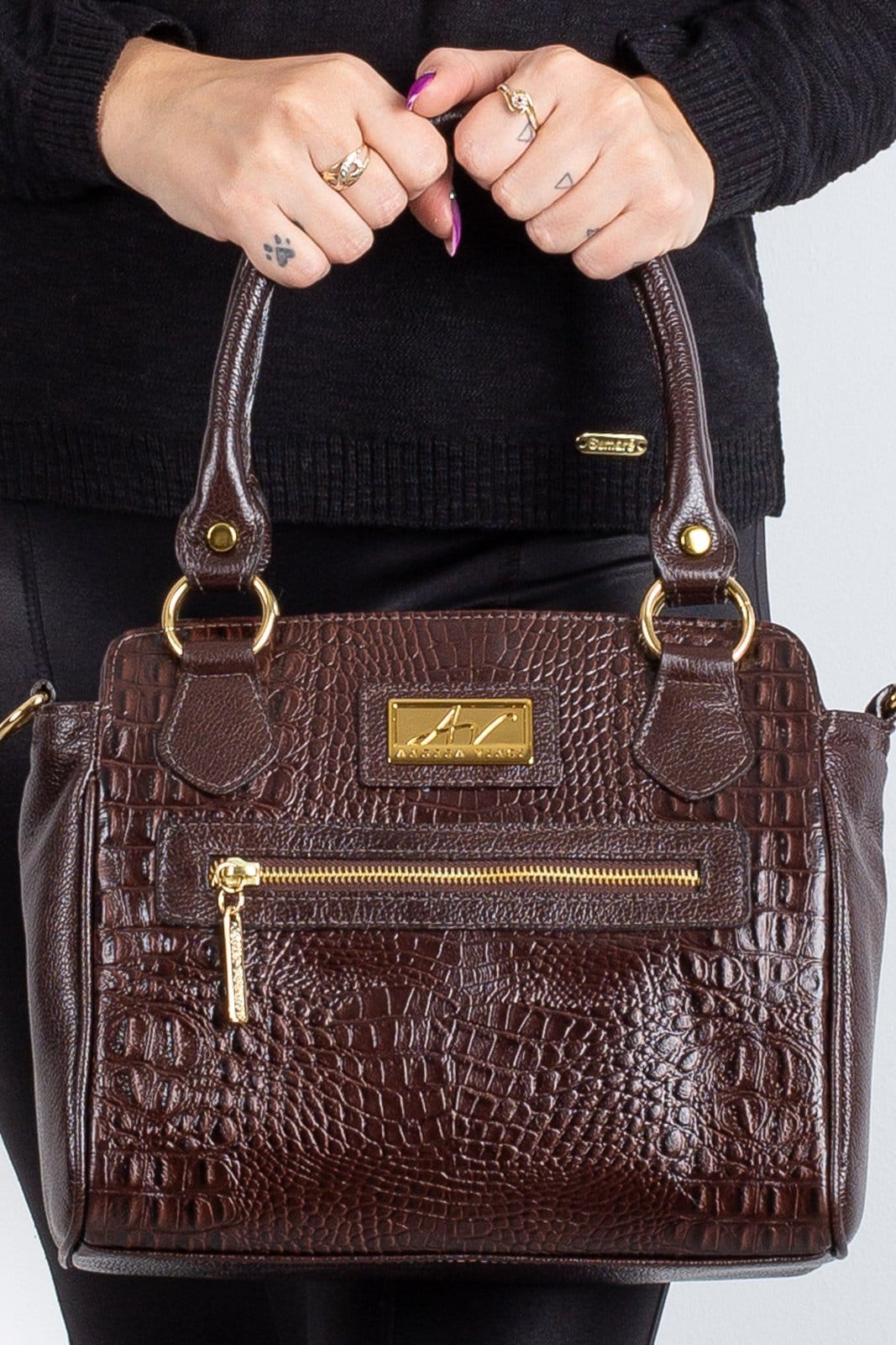 Vista 2 Bolsa de couro croco Amélia - Café Andrea Vinci caramelo