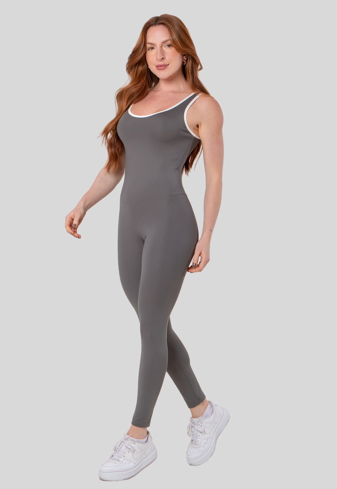 Vista 2 Macacão Feminino Poliamida Fitness Viés Off White Zero Transparência Academia Diluxo cinza white