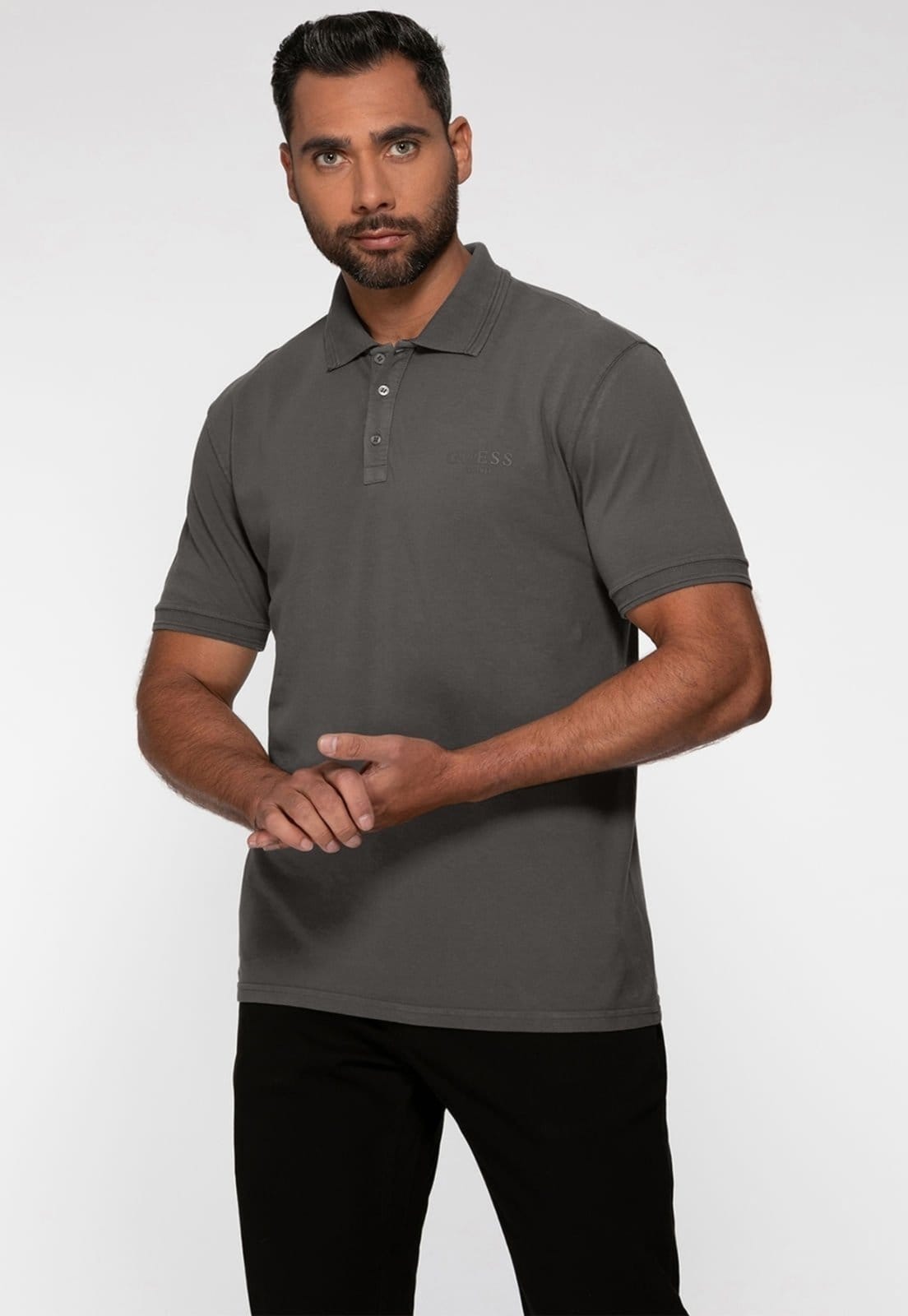 Camisa Polo Guess Silk Relevo Est 1981 Grafite