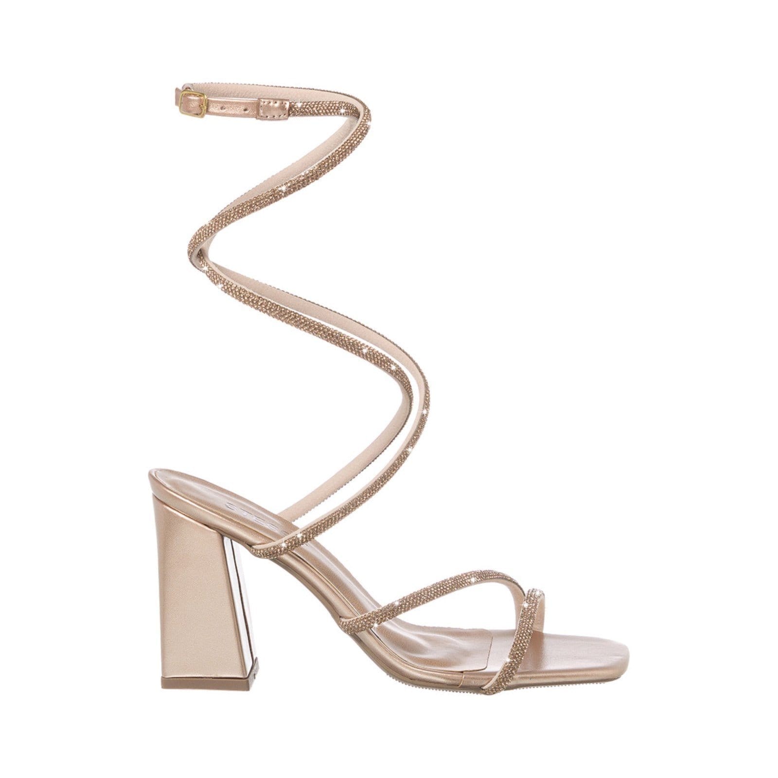 Vista 2 Sandália Feminina Salto Bloco Alto Amarração Brilho Strass Metalizada Stessy Shoes cobre