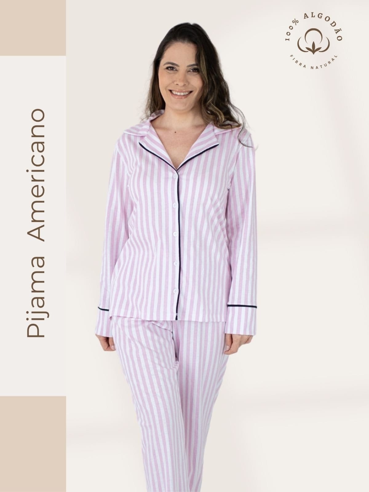 Vista 2 Pijama Algodão Americano Feminino Longo Piante Amanda Listrado Piante rosa
