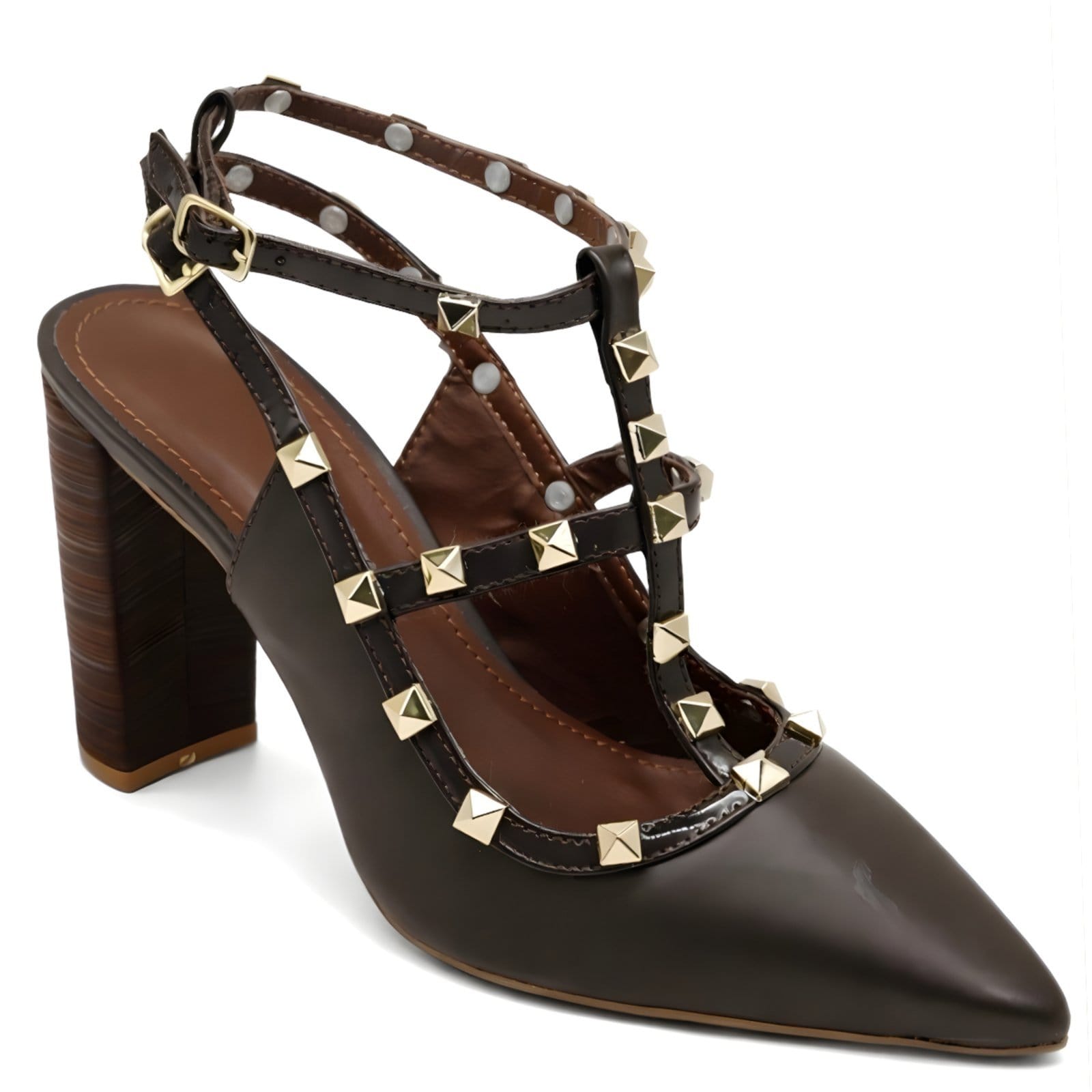 Scarpin Feminino Bico Fino Salto Grosso Piramide Tachas Douradas 5500 Machiatto