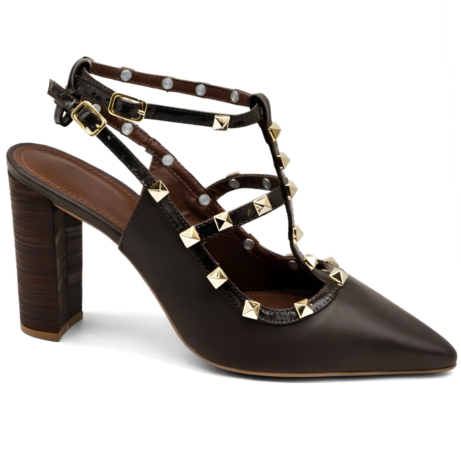 Vista 2 Scarpin Feminino Bico Fino Salto Grosso Piramide Tachas Douradas 5500 Machiatto Flor da Pele marrom