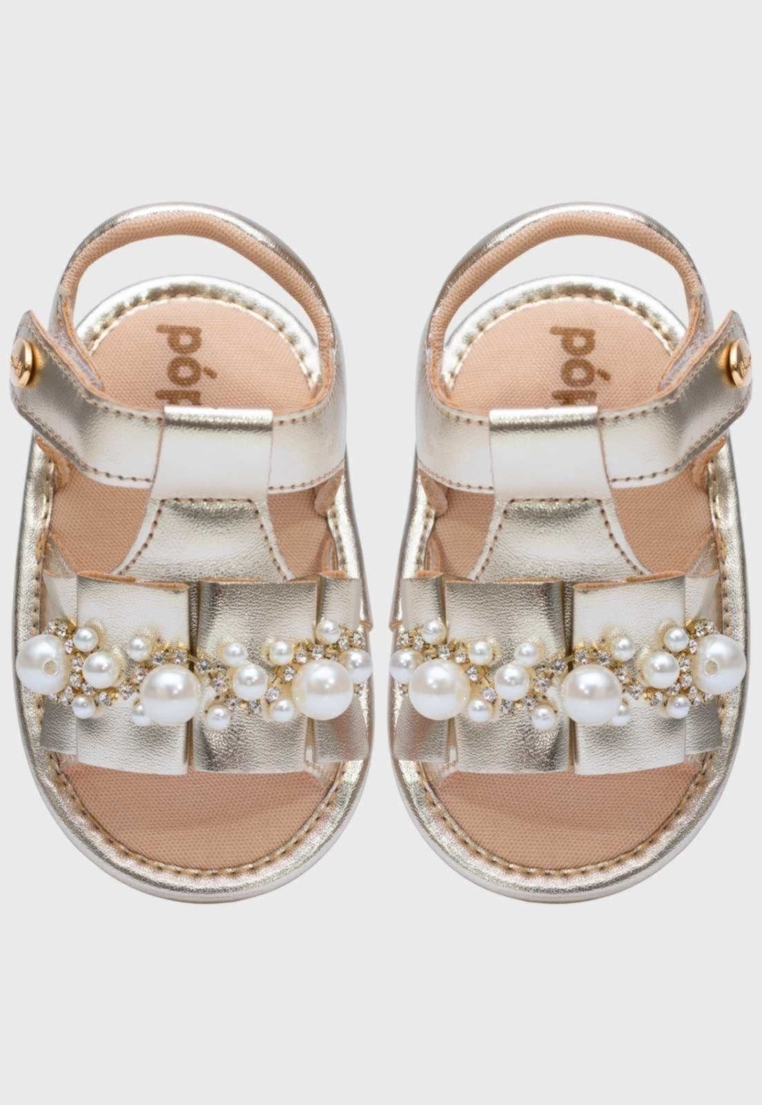 Vista 2 Infantil - Sandalia Popidi Menina Recem-Nascido Perola Sanfonado Pópidí dourado