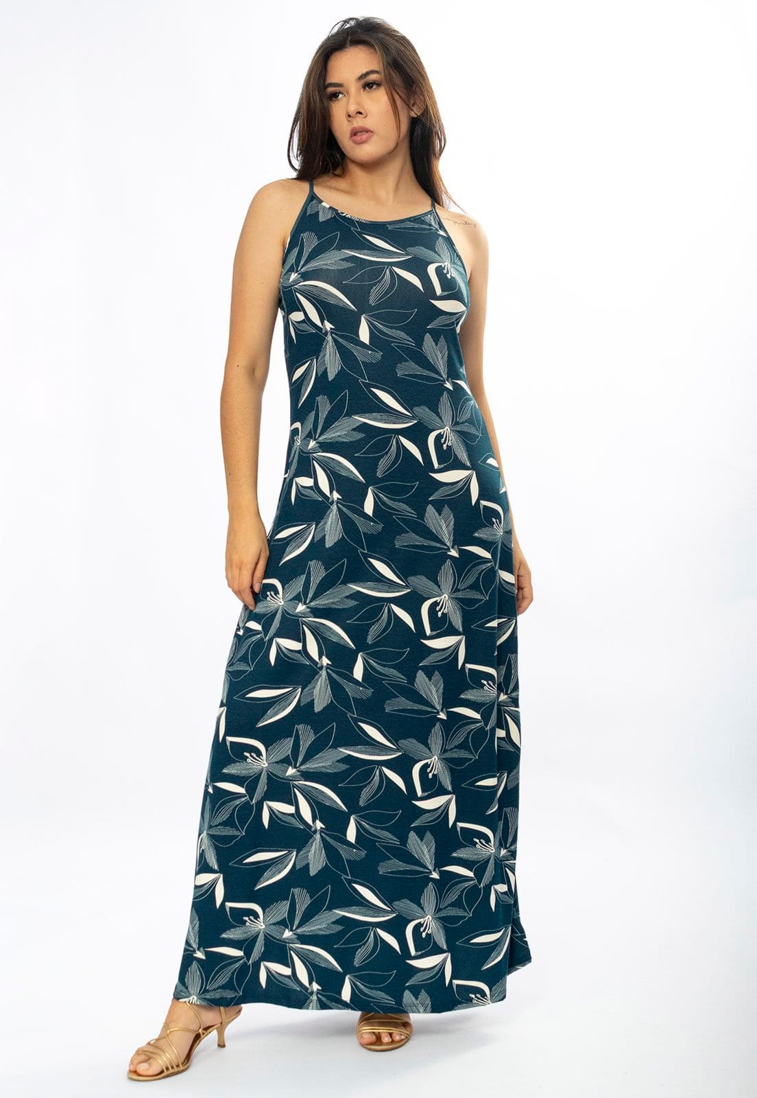 Vestido Longo Cabanafree Malha Trapézio Hibisco Blue