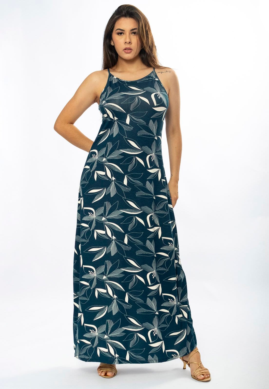 Vista 2 Vestido Longo Cabanafree Malha Trapézio Hibisco Blue Cabanafree estampado/off-white blue