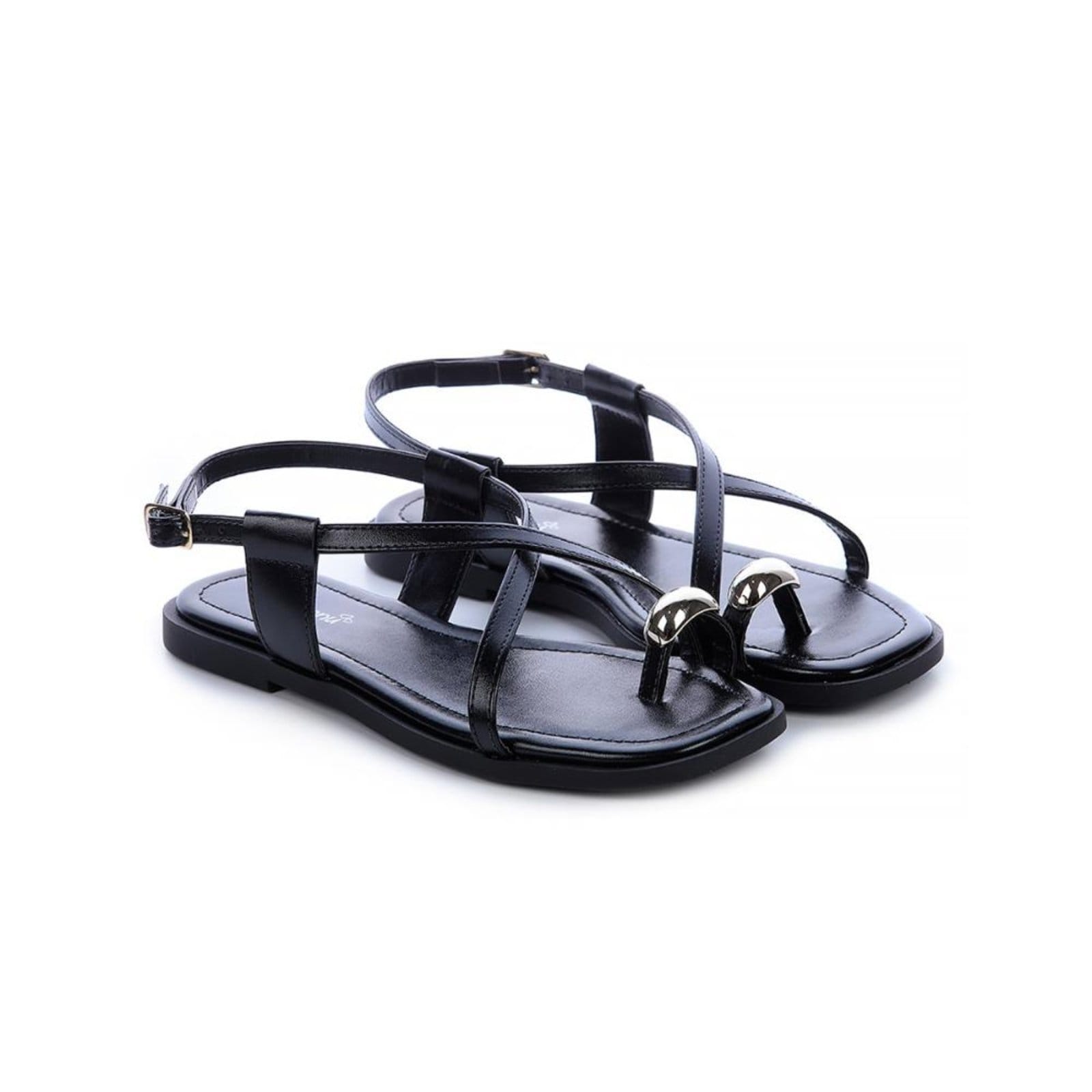 Vista 2 Sandália Rasteira Samira Dedo com Dourado Damannu Shoes preto