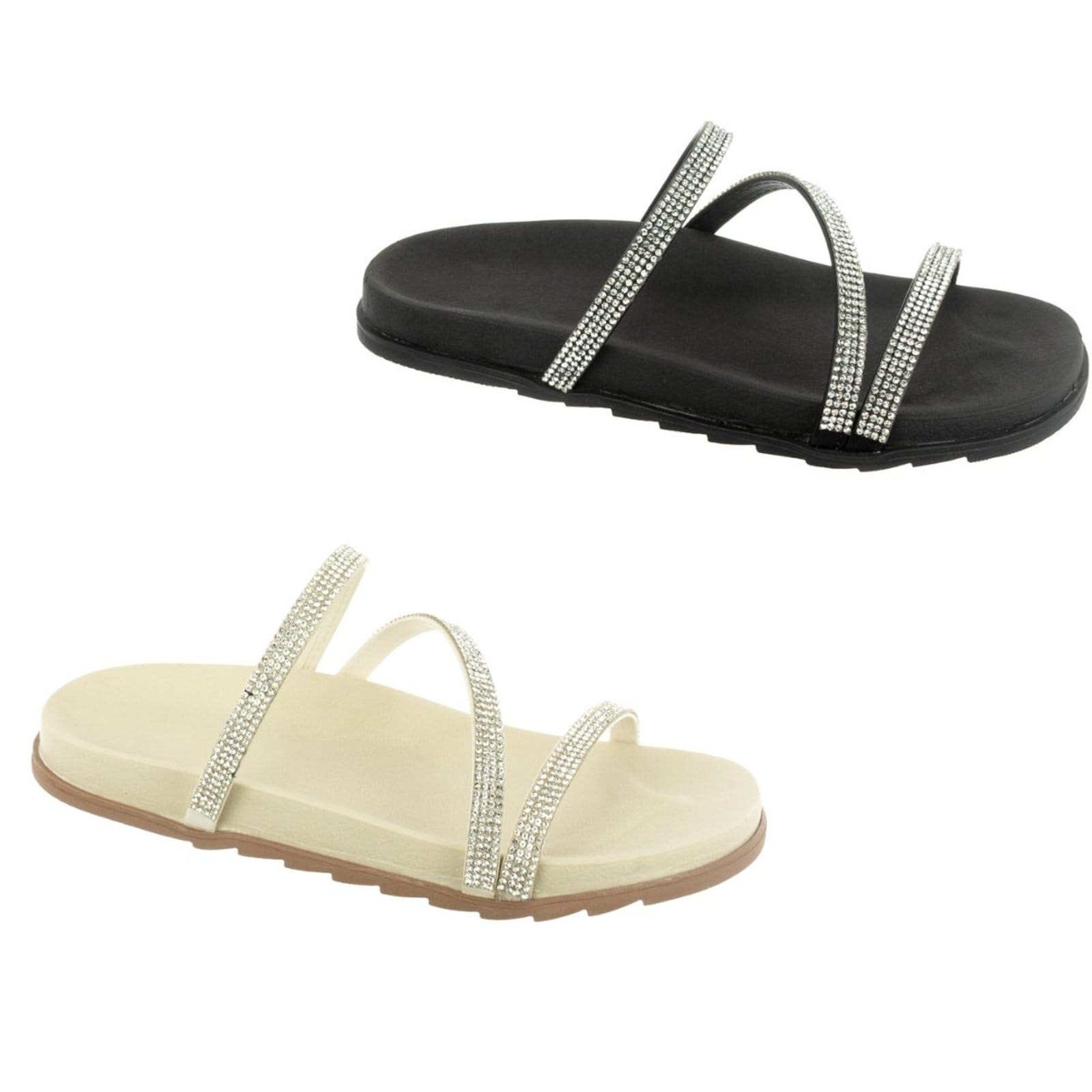 KIT 2 Sandália Birk feminina Rasteira Flat Strass Brilho Anatômico Via Angel 6302. Preto e Off