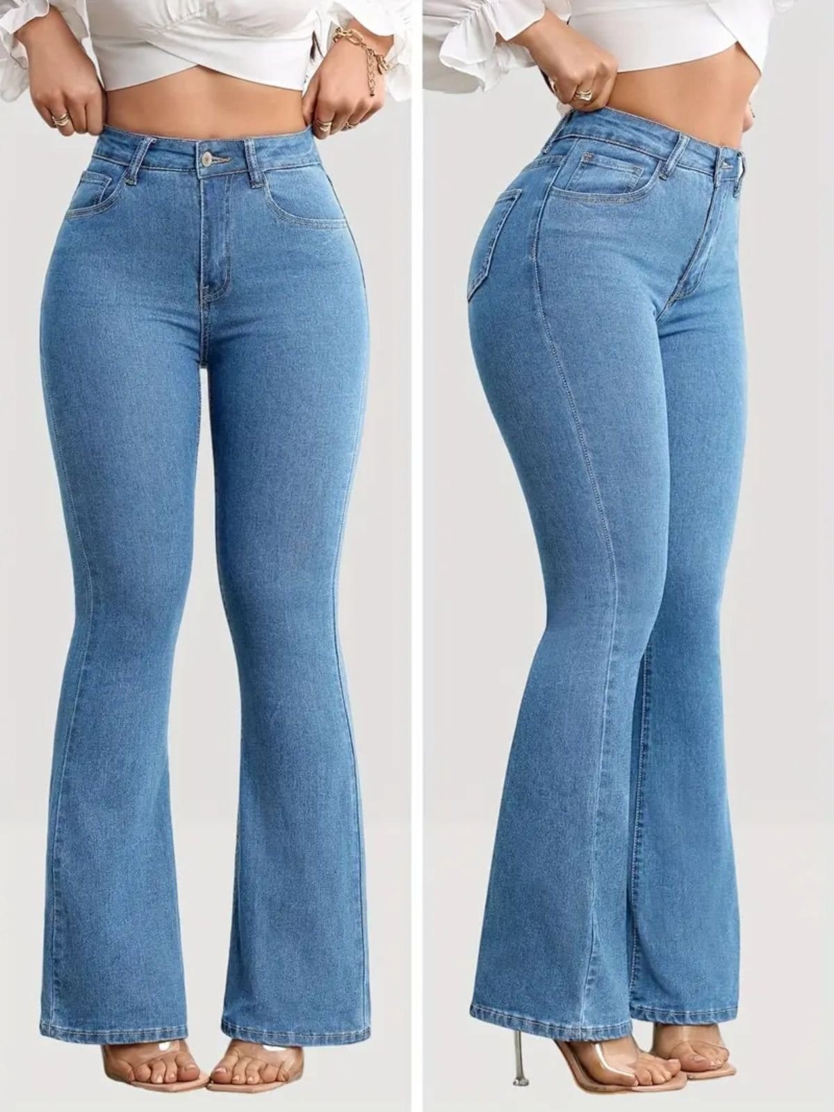 Vista 2 Calça Flare Jeans Feminina Kovali Premium Estilo Gringa Com Elastano Cintura Alta Levanta Bumbum Claro KOVALI FASHION STORE azul/jeans azul