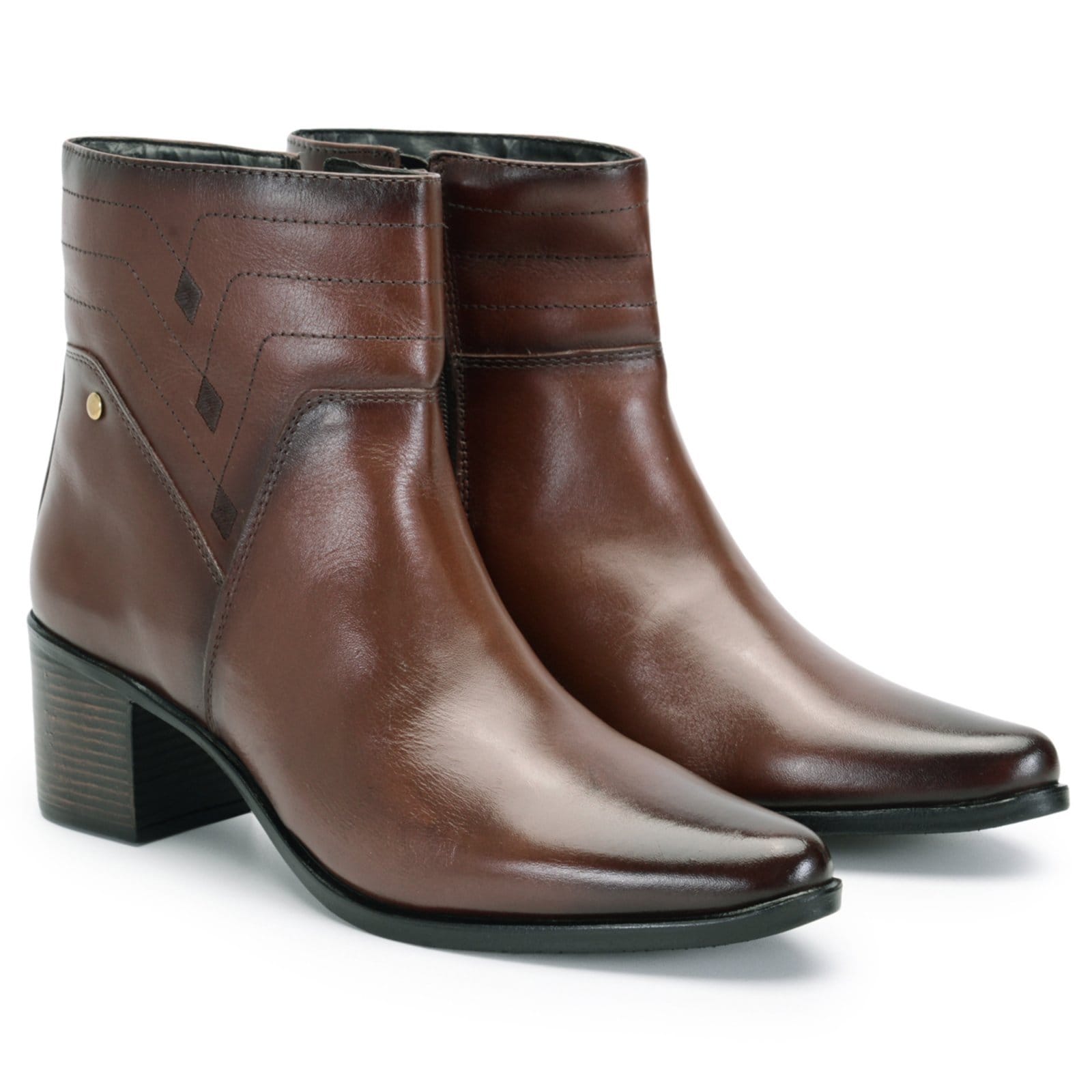 Vista 2 Bota Feminina Ferrile Bico Fino Cano Curto Em Couro Salto Bloco Ferrile café/marrom