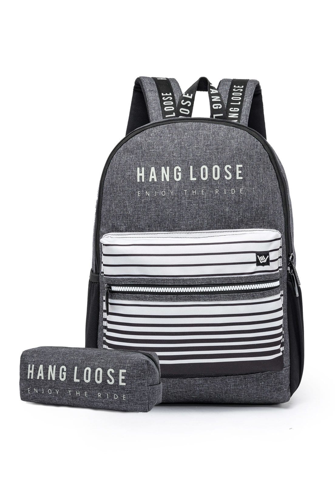 Vista principal Mochila Unissex Escolar Trabalho Casual Hang Loose + Estojo Hang Loose preto