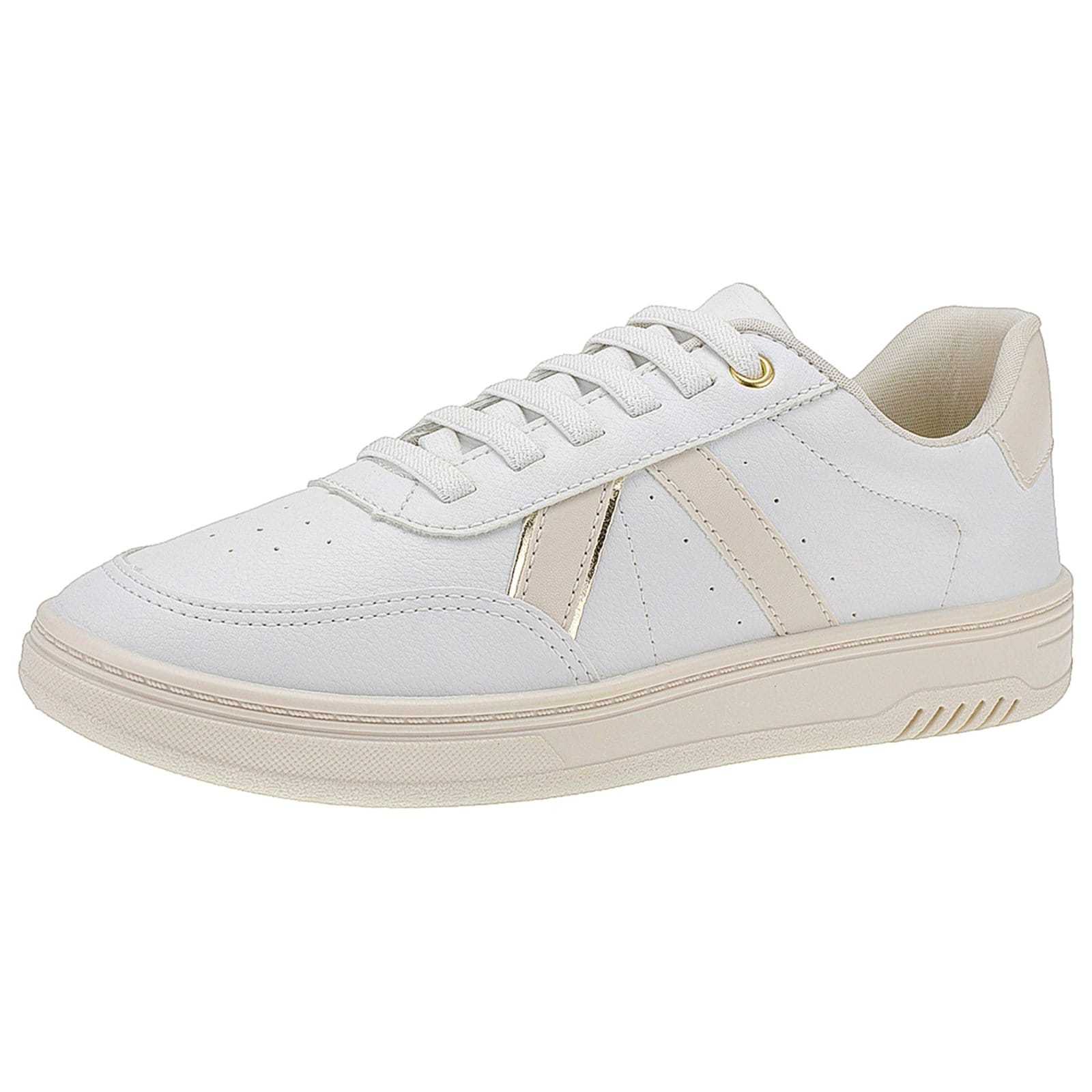 Vista principal Tênis Lóris Shoes Casual Feminino Detalhe em V Metalizado Cadarço de Elástico Solado Macio 33008 Branco com Off White LÓRIS SHOES branco white
