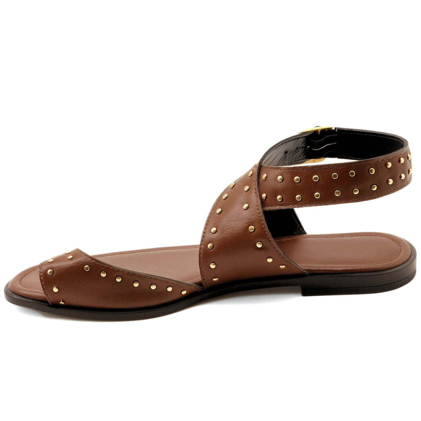 Vista 2 Rasteira Feminina Tiras Cruzadas com Fivela e Tachas Papete Confortável Verão Cacau 300 Flor da Pele marrom