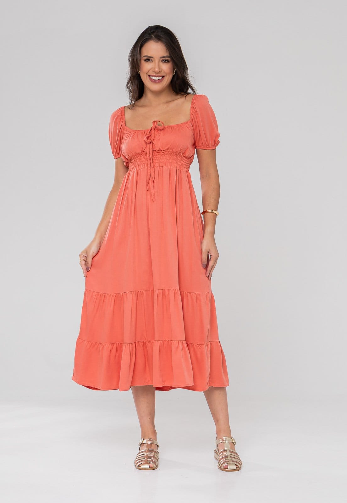 Vista principal Vestido Aura Midi Rosana Viscosarja Liso Aura coral