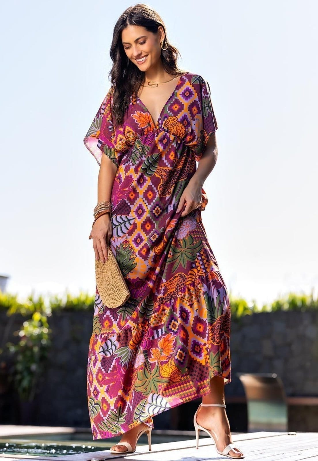 Vista principal Vestido Em Tecido Plano De Poliéster Animal Print Quintess rosa