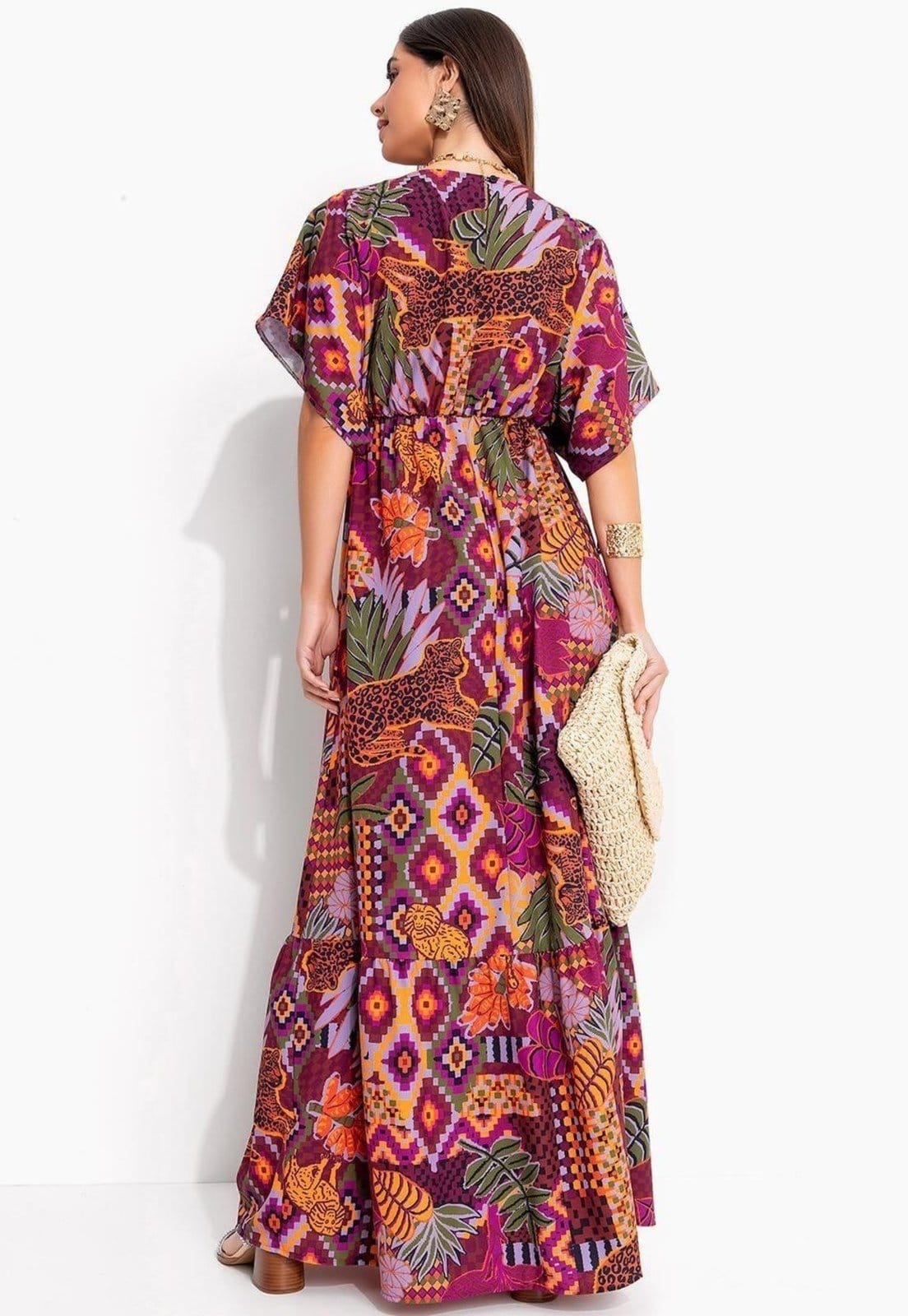 Vista 2 Vestido Em Tecido Plano De Poliéster Animal Print Quintess rosa