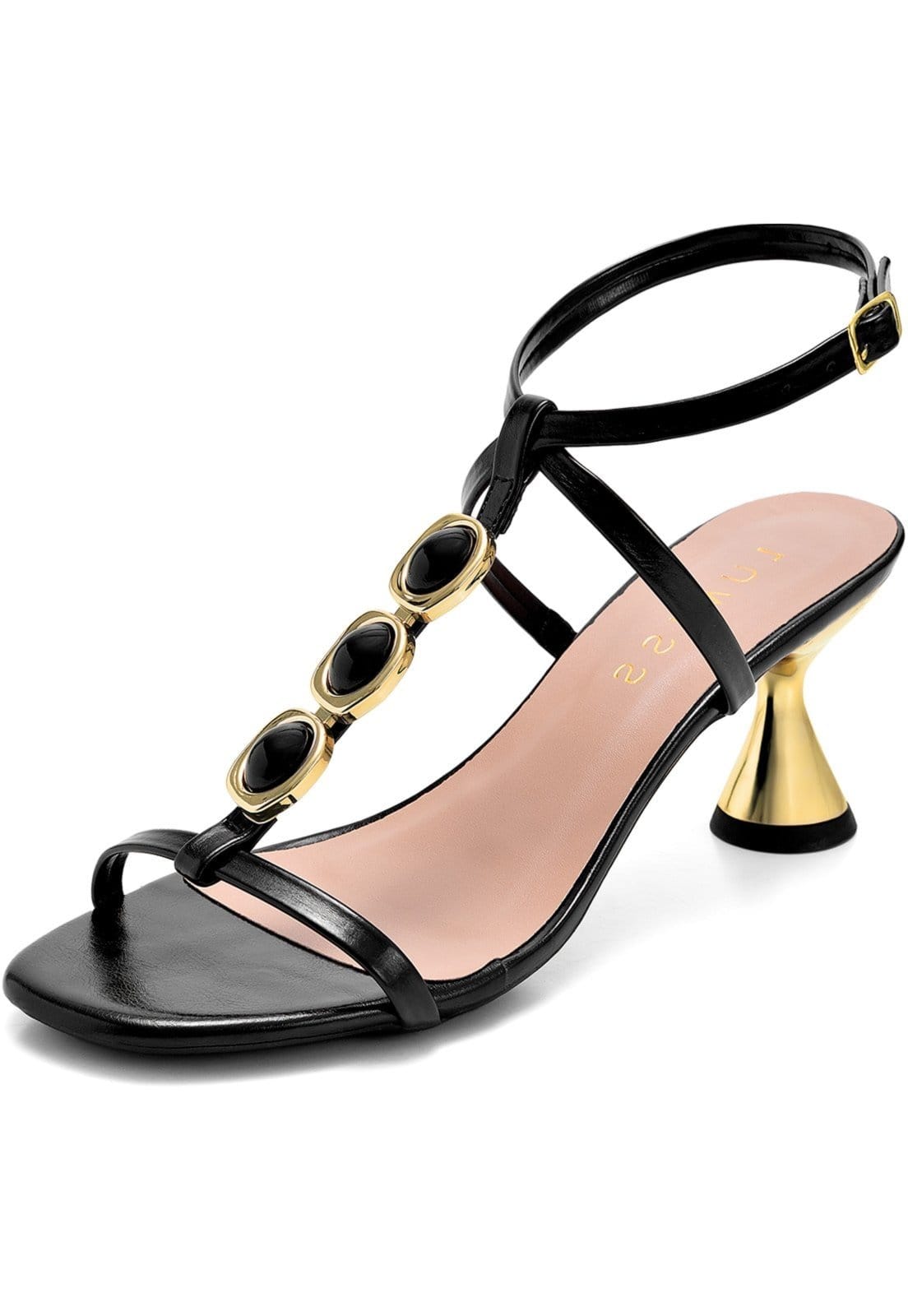 Sandália Feminina Lumiss Salto Baixo Taça Dourado Confortável Enfeite Pedras Fivela