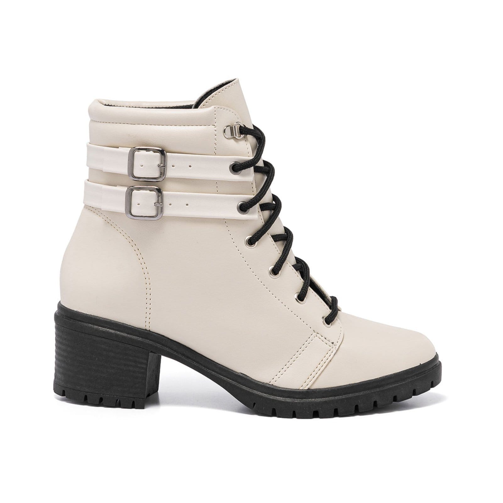 Bota Coturno Feminina Cano Baixo Tratorada Preto Confortável - Fivela