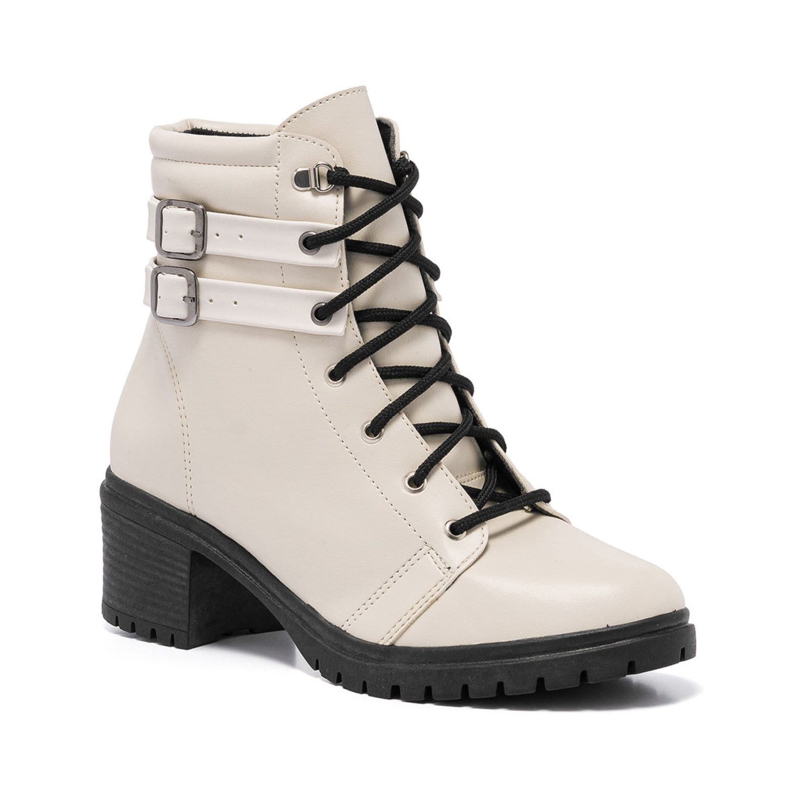 Vista 2 Bota Coturno Feminina Cano Baixo Tratorada Preto Confortável - Fivela Stessy Shoes off-white