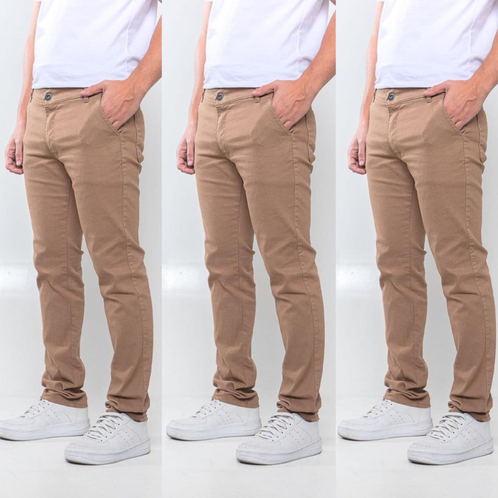 Vista principal KIT 3 Calças Sarja Masculina Tempo Hábil Alfaiatada Skinny Caqui 5 Estilo cáqui caqui