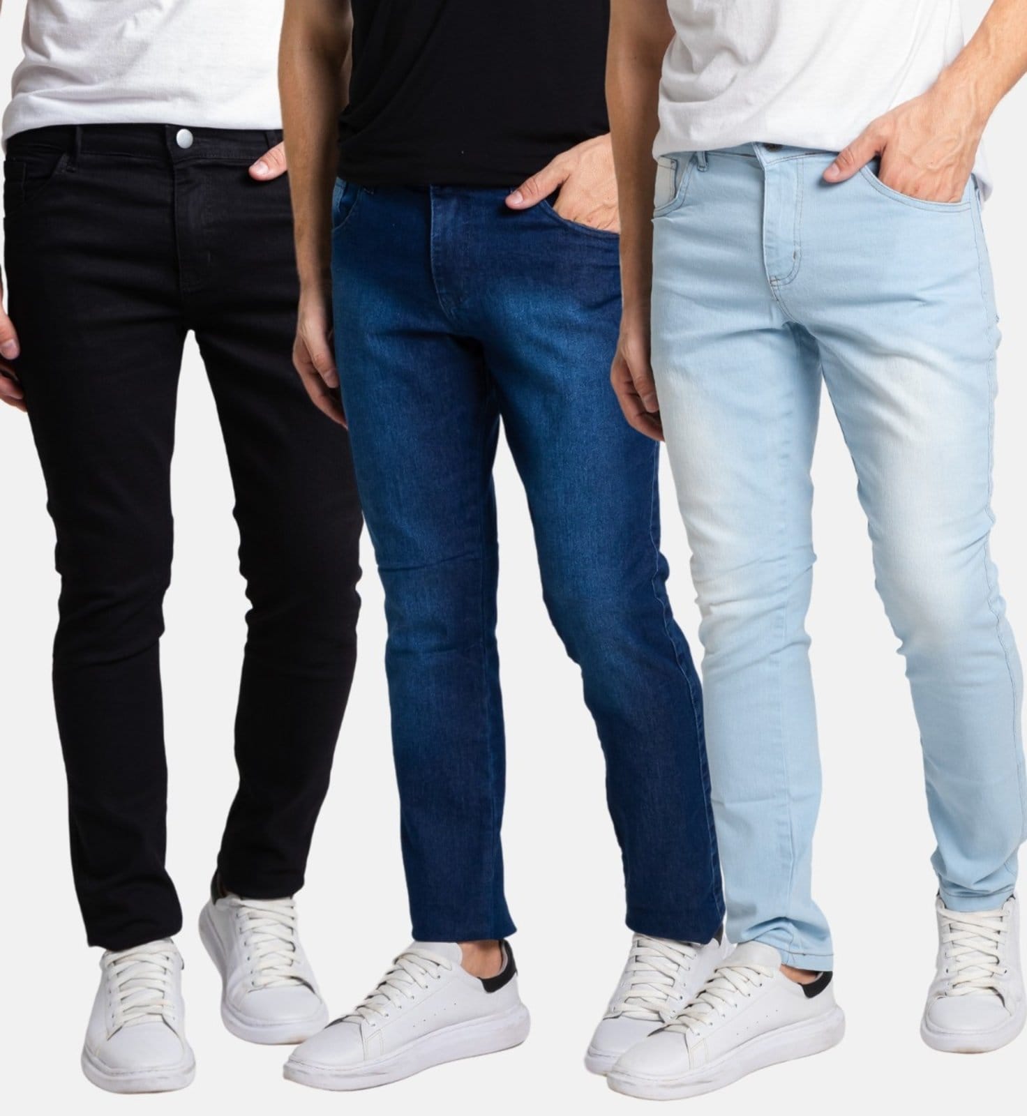 Vista 2 Kit 3 Calças Jeans Skinny Masculina Com Elastano Boen Jeans Preto e BOEN JEANS azul/preto azul