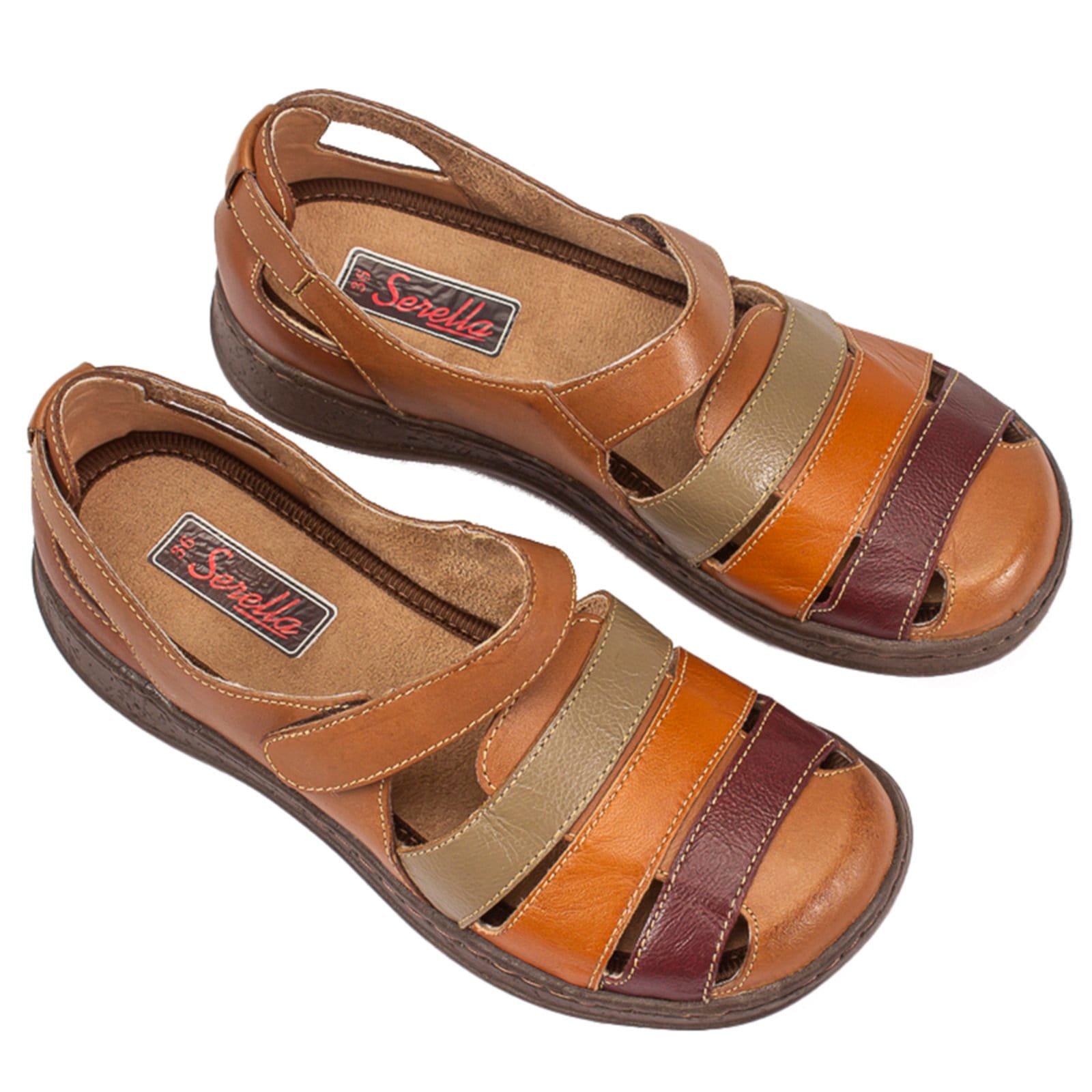 Vista 2 Sandália Baixa Conforto Serella Retrô 7073 Tiras coloridas Serella bege/caramelo/castanho