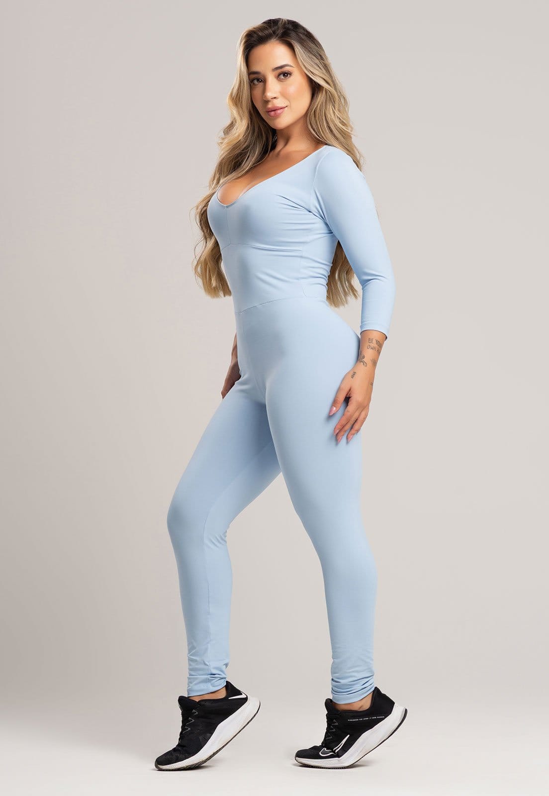 Macacão Manga 3/4 MVB Modas Feminino Costa Fechada Poliamida Fitness Céu