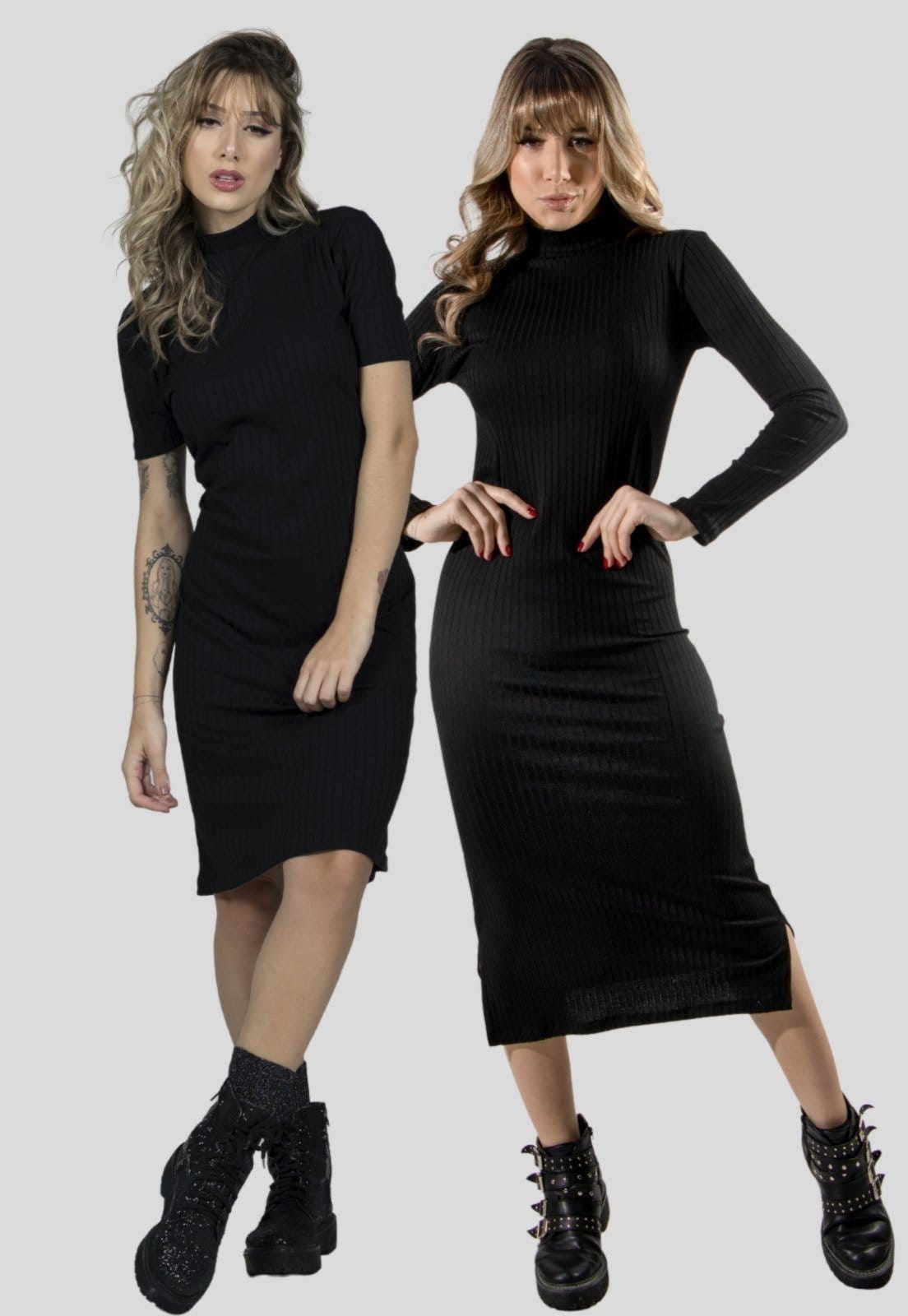 Combo Vestidos Midi Gola Alta Manga Longa e Curto Serra e Mar Modas Canelado Tubinho