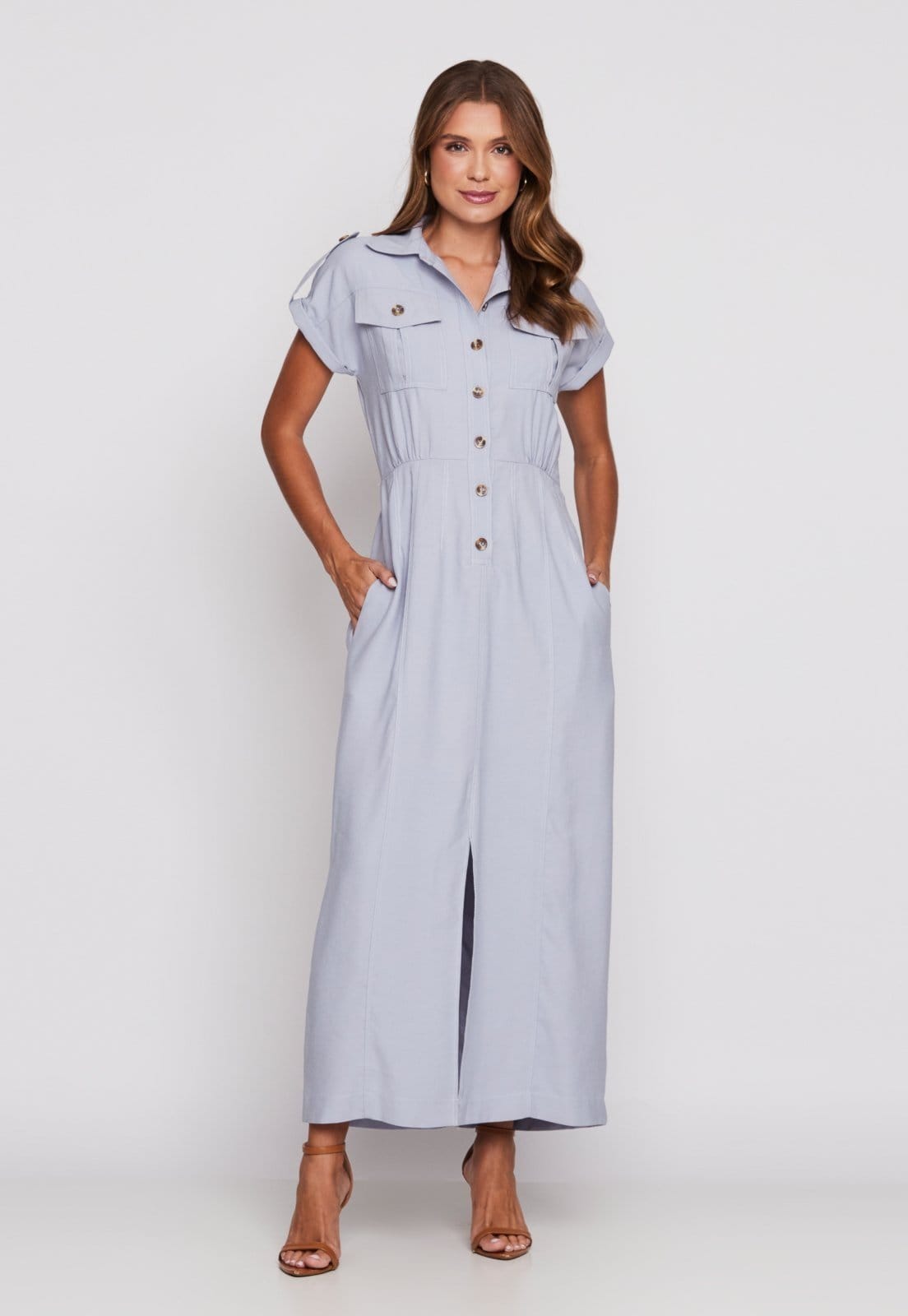 Vista principal Vestido Chemise Miss Joy 8239 Longo Utilitário Alfaiataria Claro MISS BY JOY azul