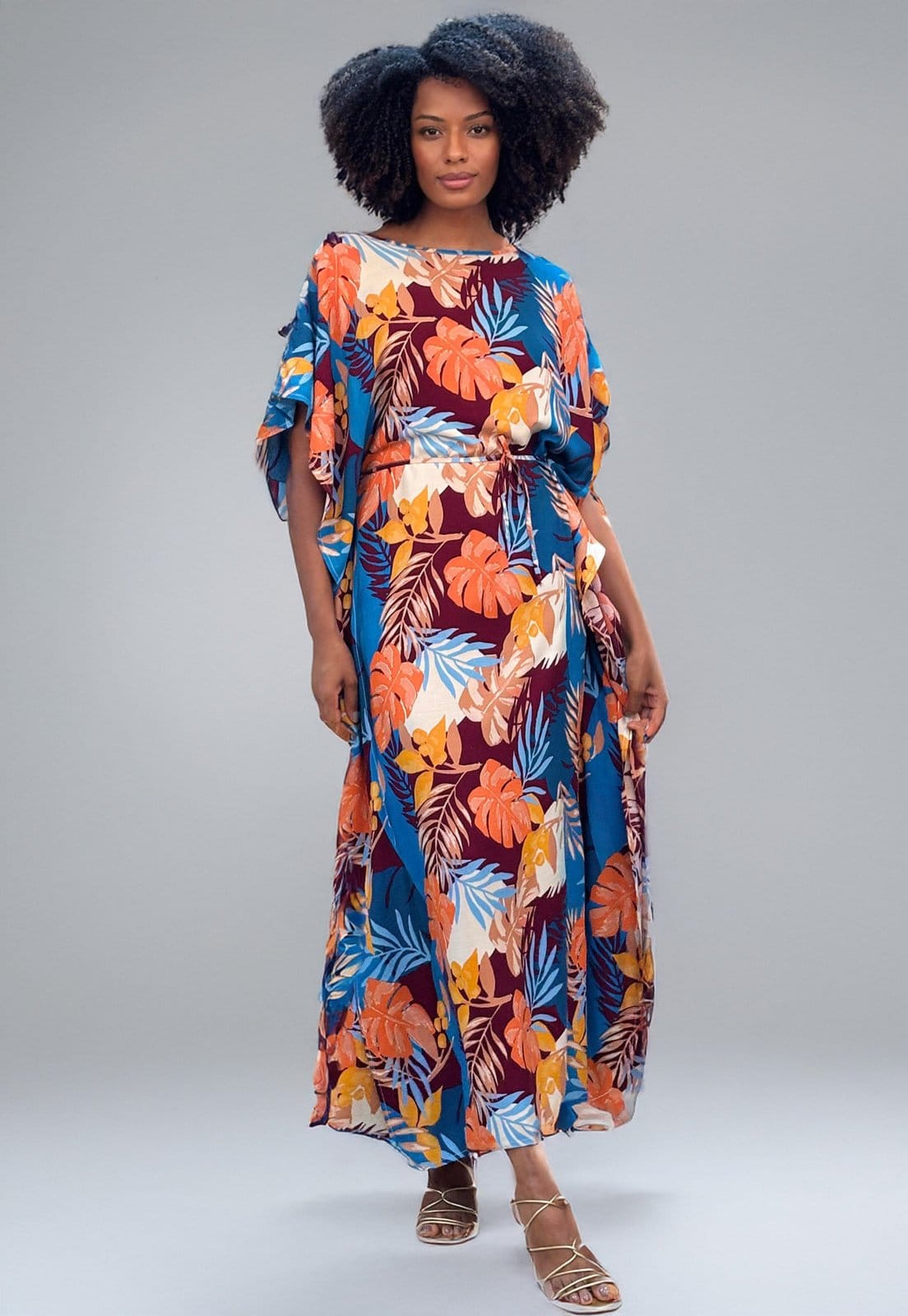 Vista 2 Vestido Amazonia Vital Kaftan Viscose Longo Estampa Aurora Profunda Amazonia Vital azul/estampado/laranja