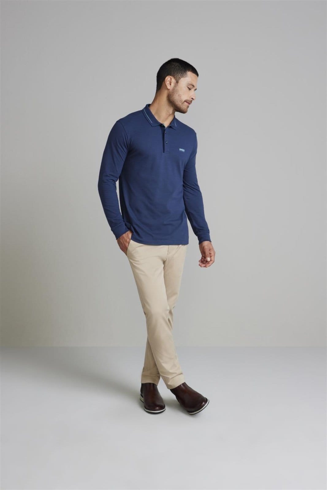 Vista 2 HIGHSTIL Camisa Polo Manga Longa Piquet Slim Fit Petróleo HIGHSTIL azul