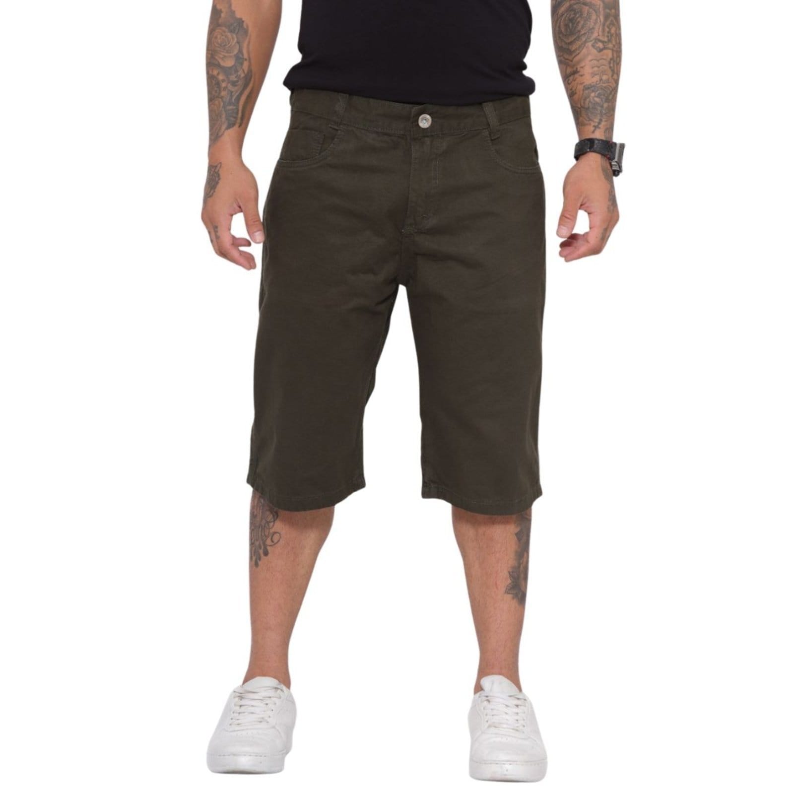 Vista 2 Bermuda Masculina Balão Skatista Alleppo Jeans verde militar