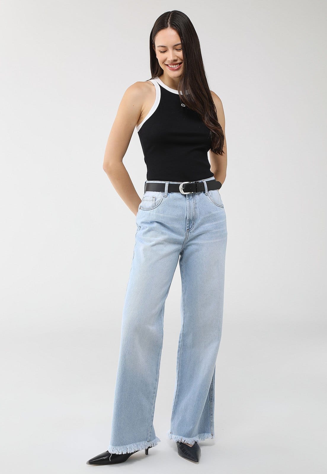 Vista 2 Calça Jeans Lança Perfume Wide Leg Barra Destroyed Lança Perfume azul