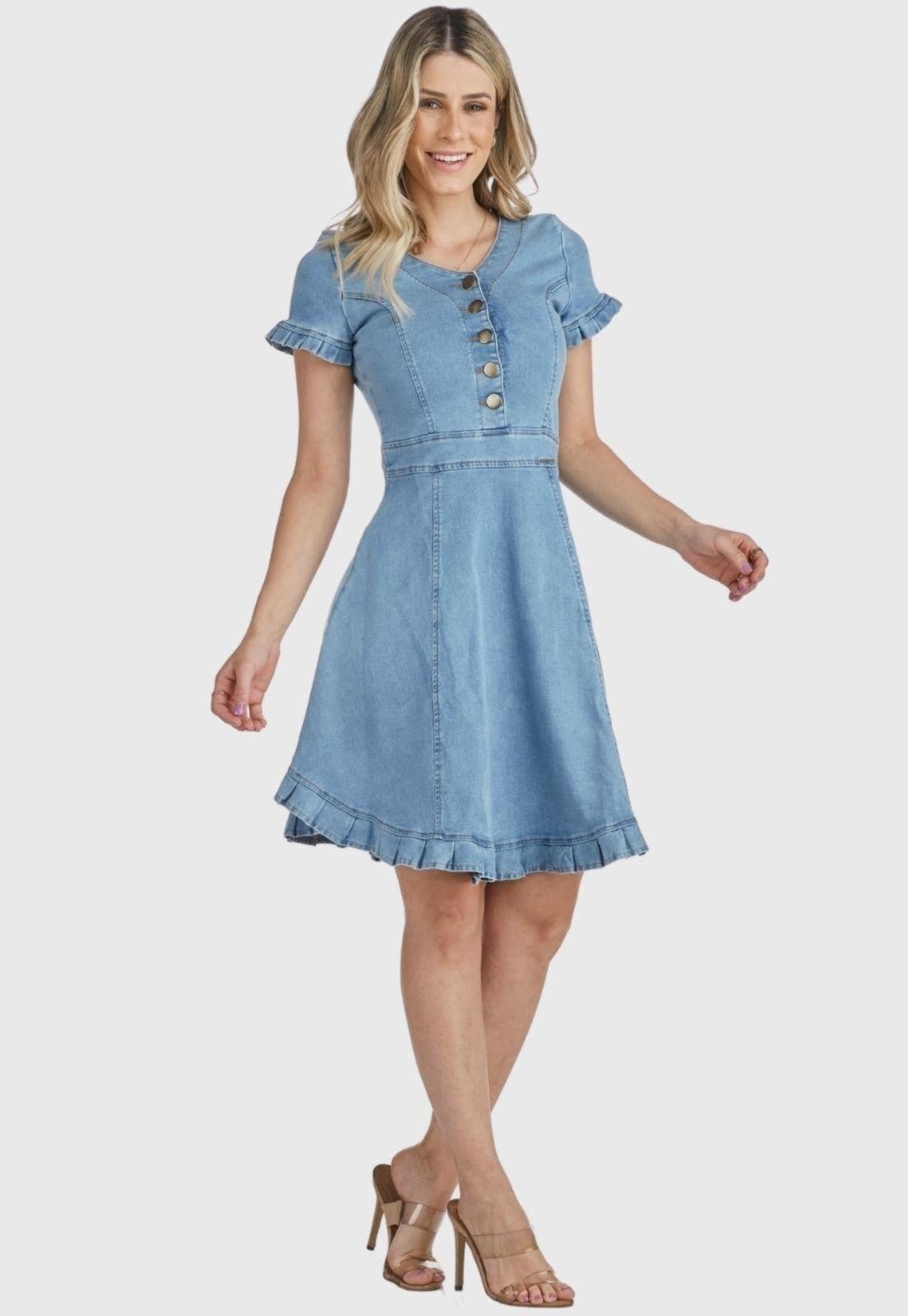 Vista 2 Vestido HNO Jeans Midi Manga Curta Babados na Barra e Manga HNO Jeans azul